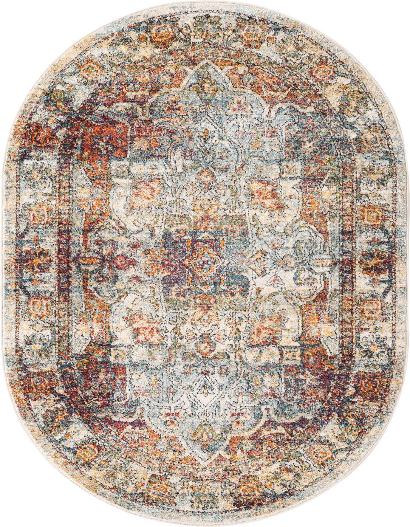An oval Isabella Collection rug, 4' x 6', featuring a distressed traditional medallion pattern in ivory, cream, and white with accents of rust, blue, and gold.