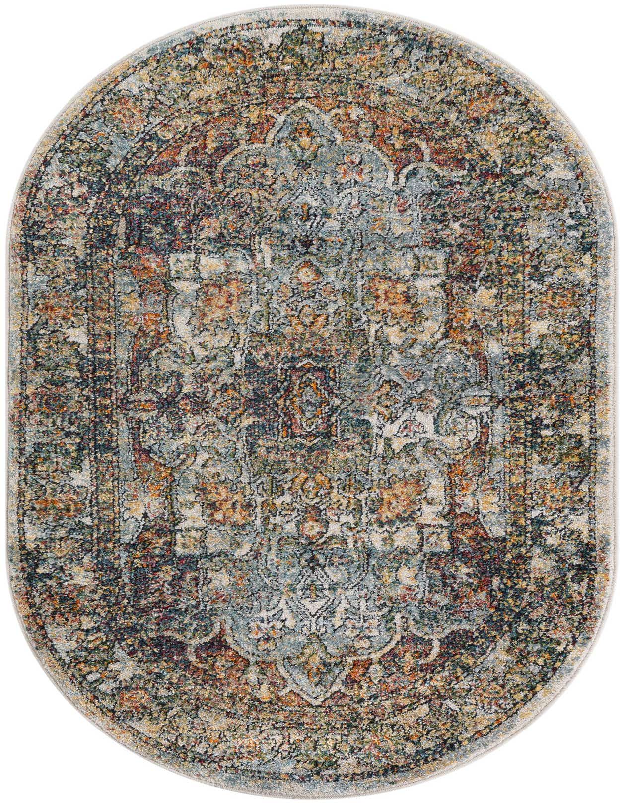 An oval 3' 3 x 5' 3 Isabella rug featuring a distressed traditional medallion pattern in ivories, creams, and whites.