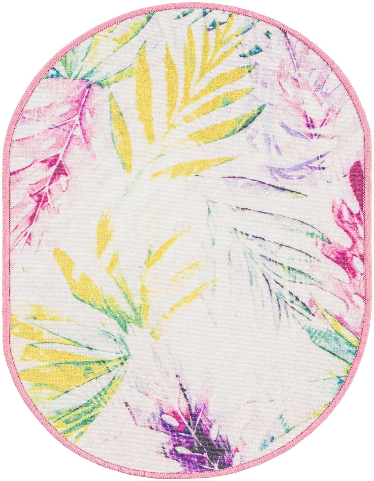 Oval ivory rug with a vibrant tropical leaf pattern in pink, yellow, green, and purple, edged with a pink border.