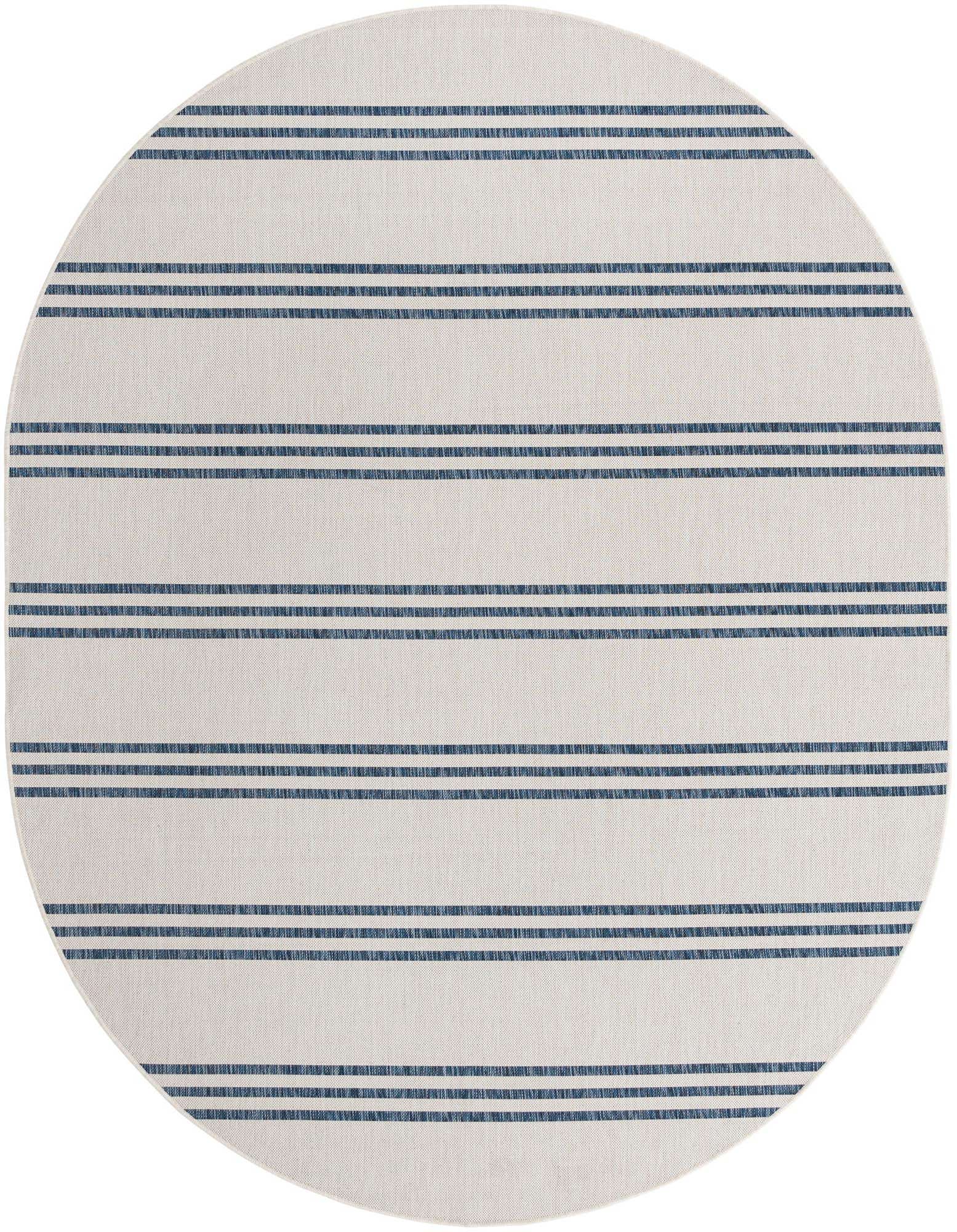 An oval ivory and blue striped flatweave rug, perfect for a coastal or nautical-themed patio.
