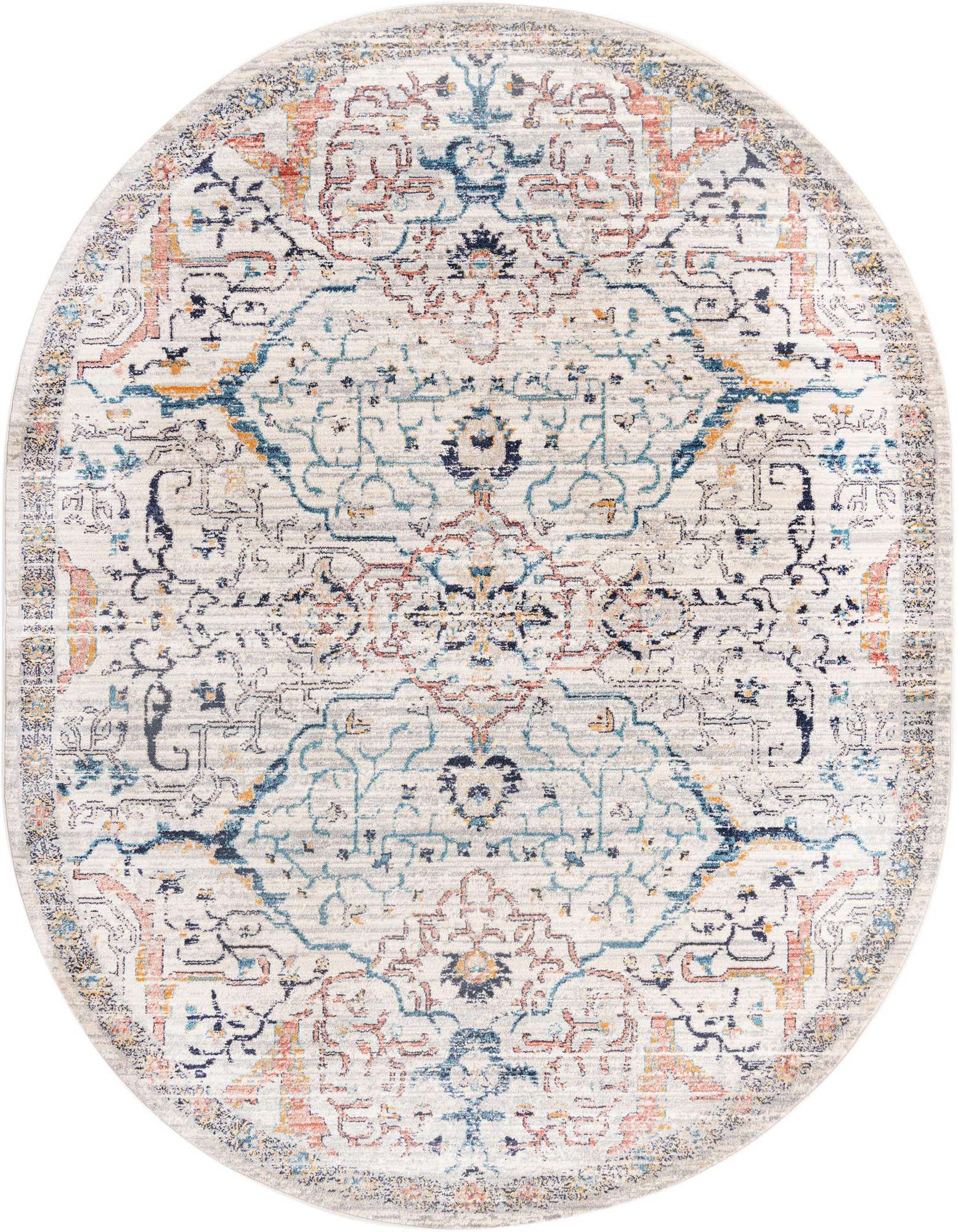An oval ivory and cream rug with a distressed traditional tribal pattern in blue, orange, and black, suitable for a living room or patio.