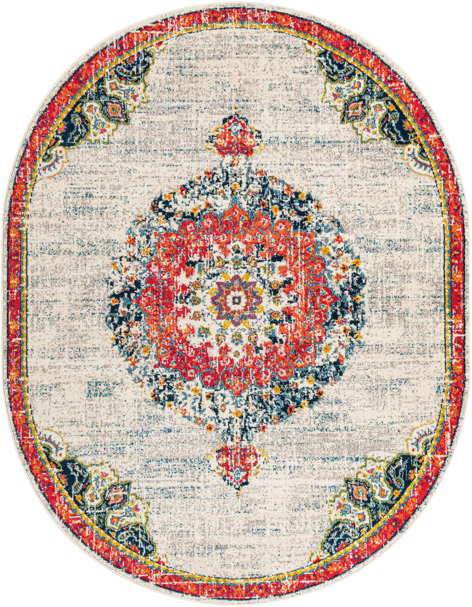 An oval ivory rug with a distressed traditional medallion pattern in vibrant red, blue, and yellow hues.
