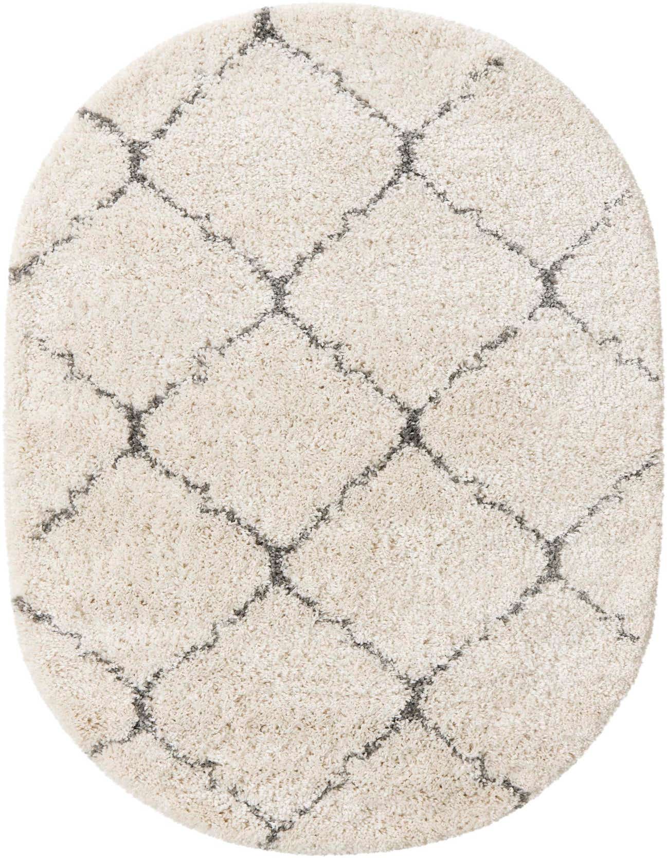 An oval ivory shag rug with a gray trellis pattern, offering a soft, modern look for any indoor space.