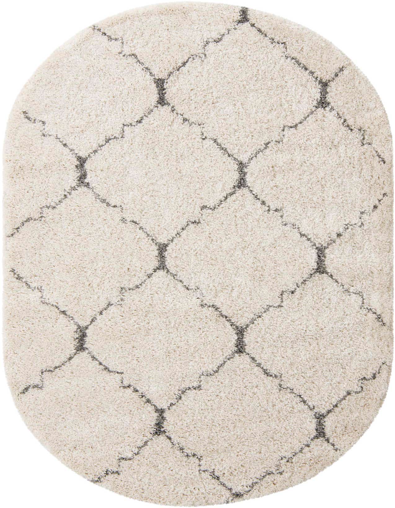 An oval ivory shag rug with a modern charcoal trellis pattern, offering a soft, textured feel.