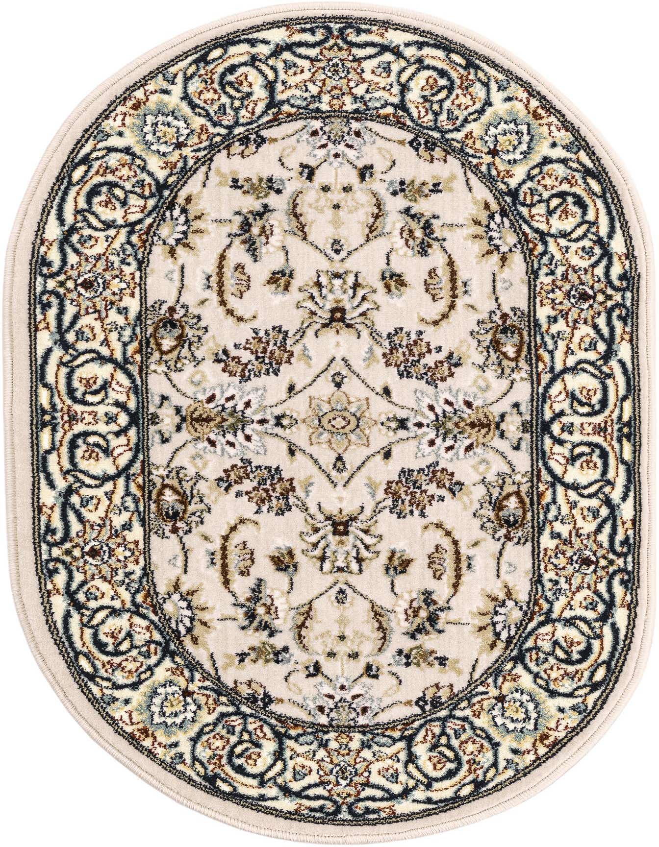 An oval ivory rug with a traditional oriental floral pattern in navy, brown, and light blue, featuring a high-low pile.