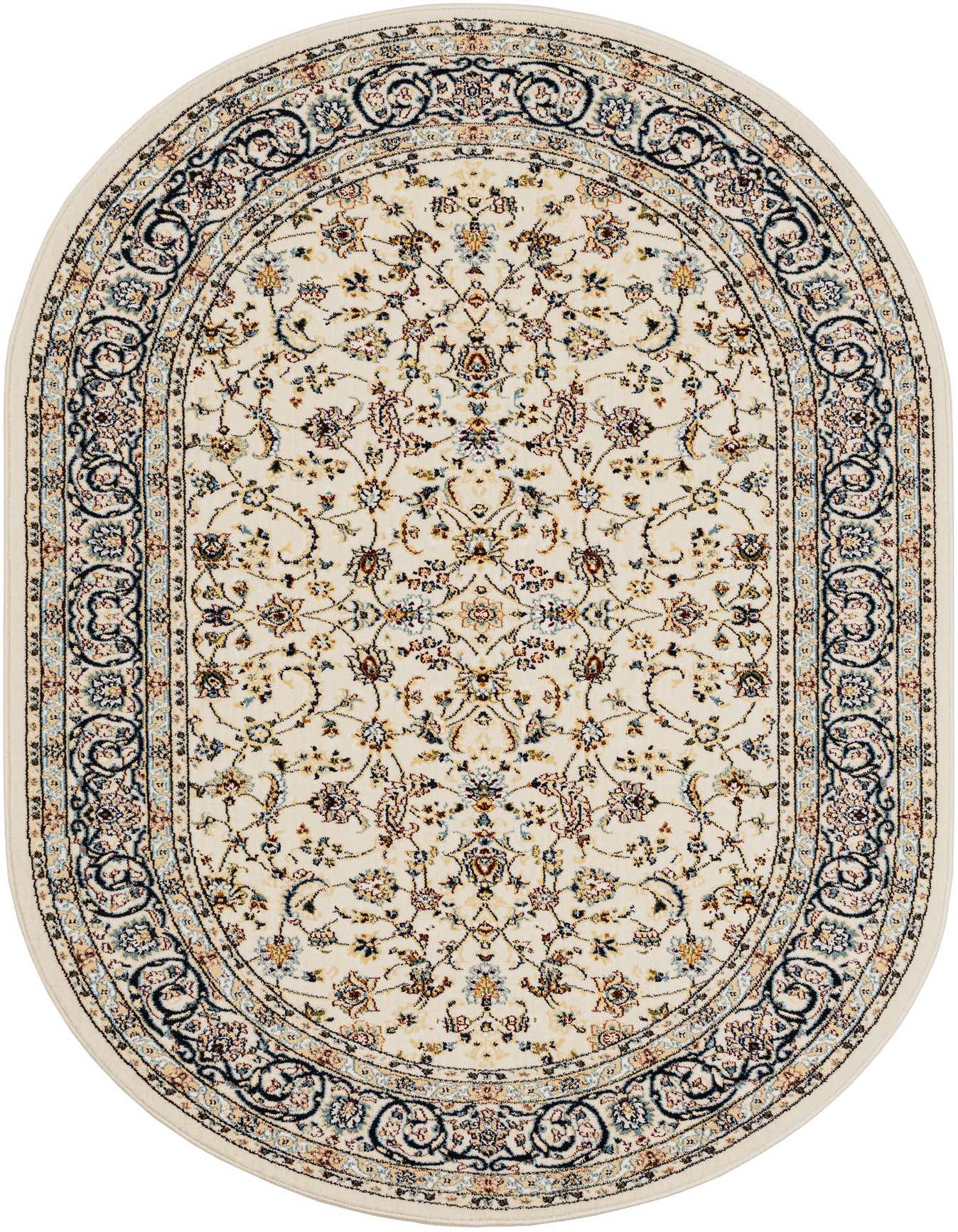 An oval 4' x 6' ivory Oriental rug with a detailed floral pattern and a dark blue and gold border.