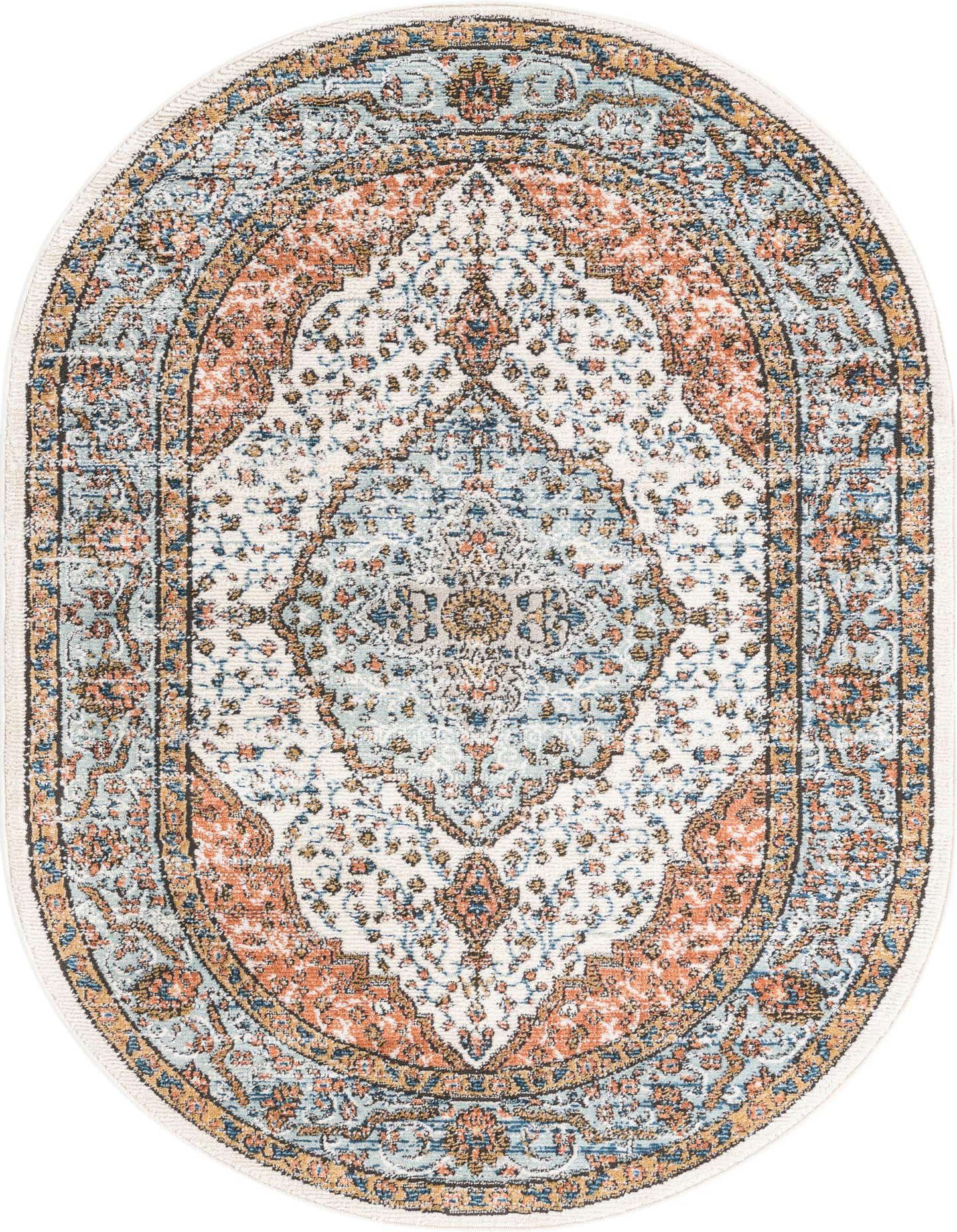 An oval ivory and cream rug with a distressed traditional medallion pattern in blue, orange, and gold tones.