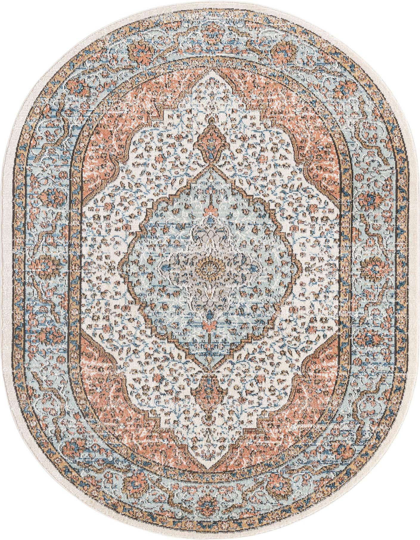 An oval ivory rug with a distressed traditional medallion pattern in shades of blue, peach, and cream.