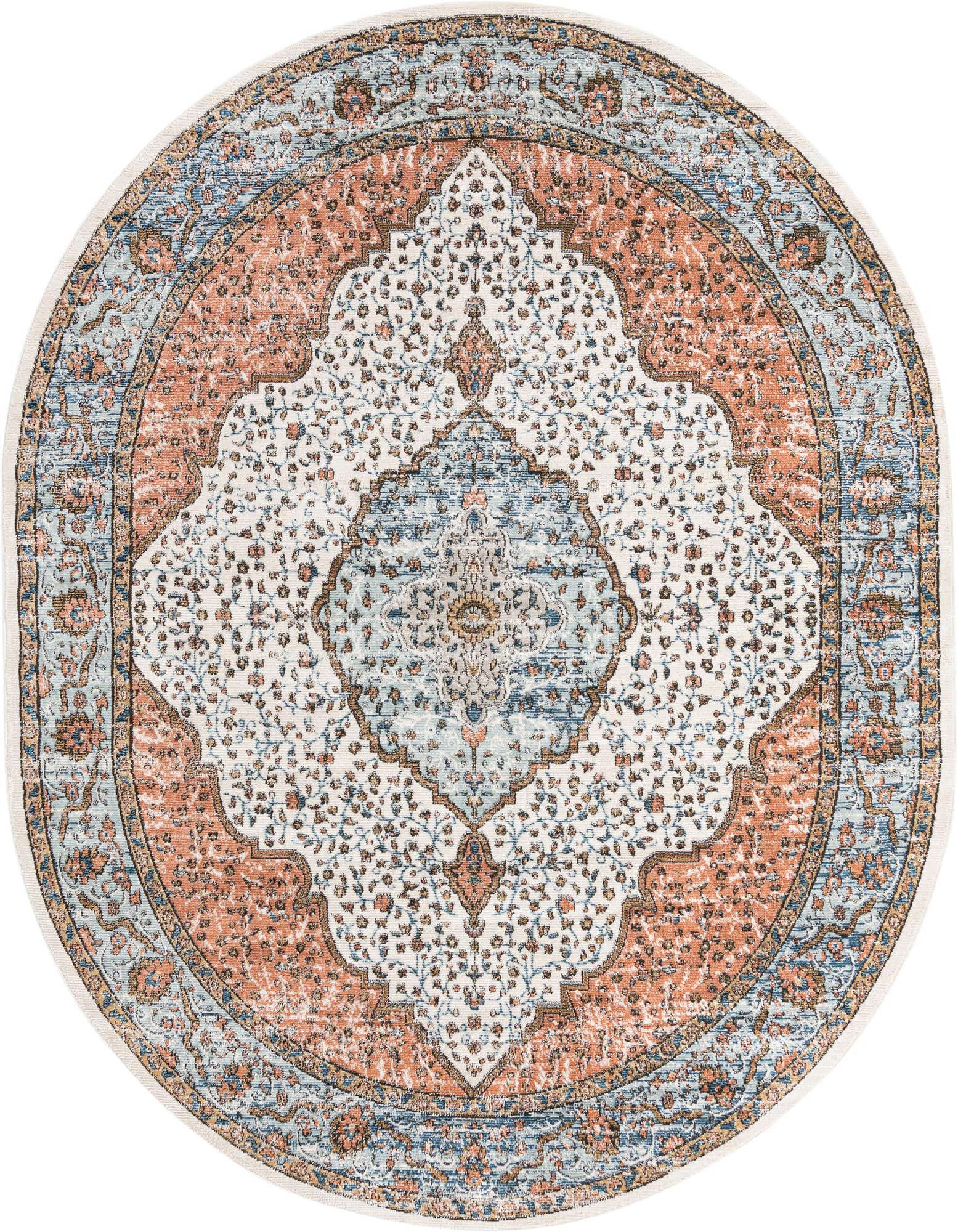 An oval ivory rug with a distressed traditional medallion pattern in shades of cream, terracotta, and light blue.