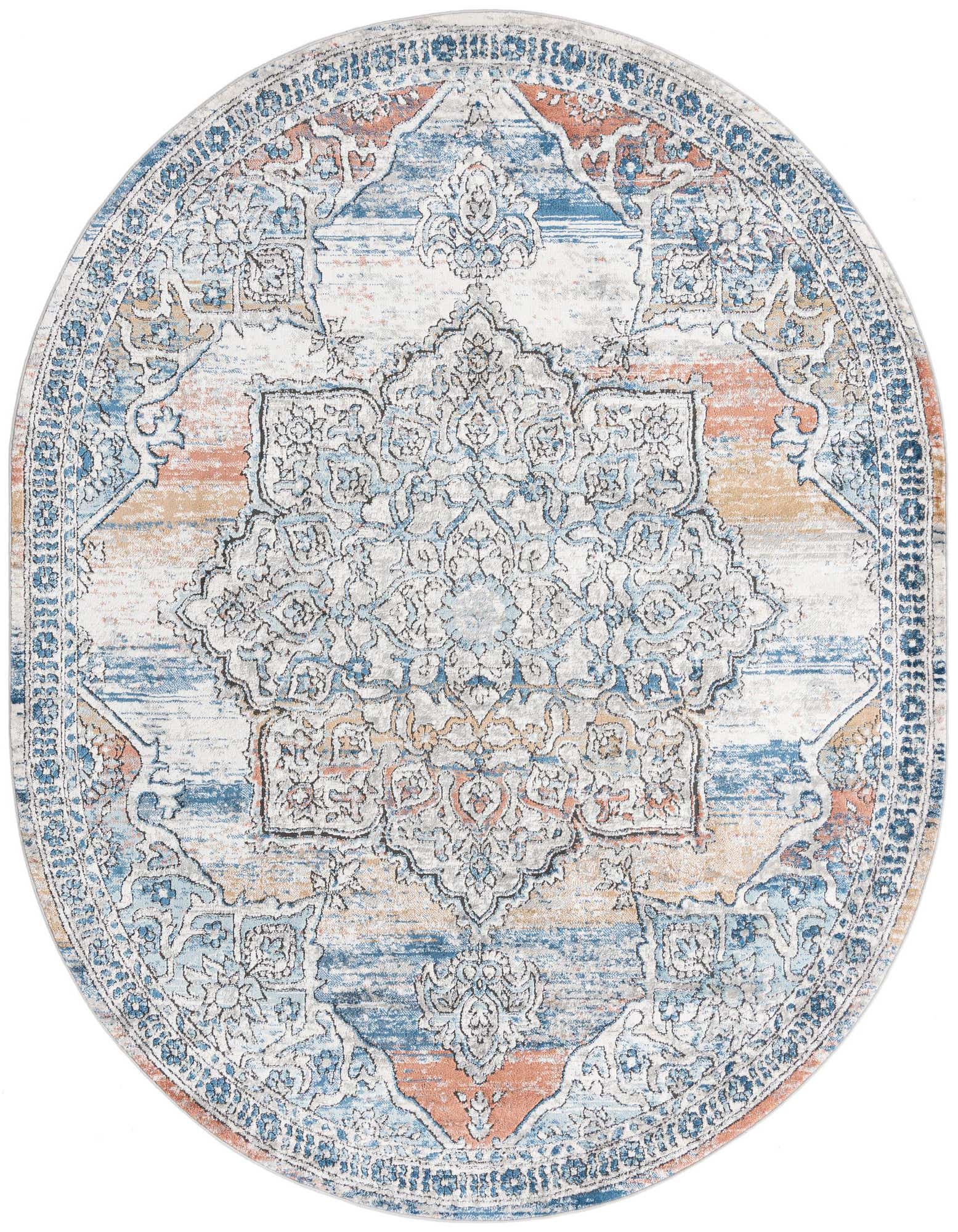 An oval rug featuring a distressed traditional medallion pattern in shades of ivory, cream, white, blue, and subtle orange.