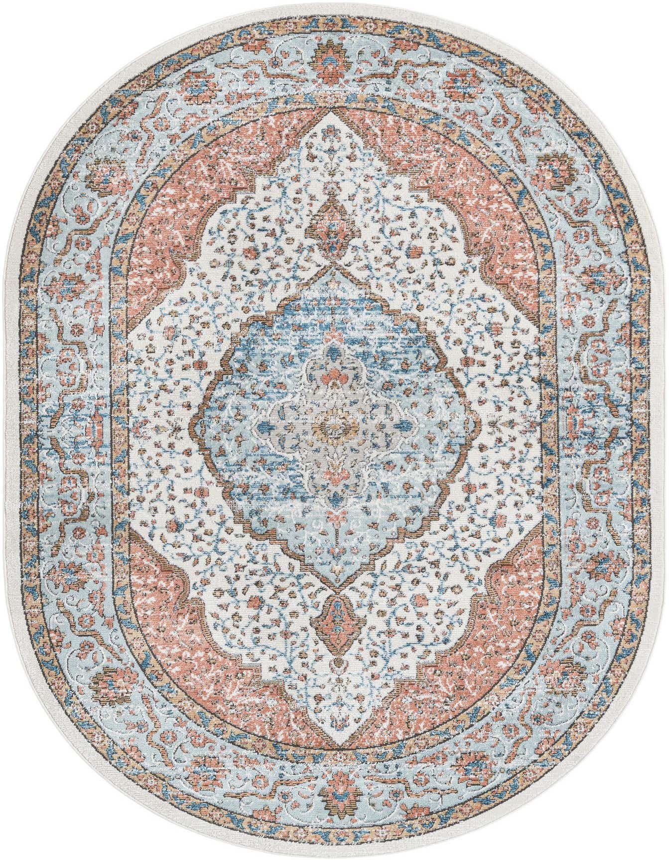 An oval 6'1" x 9'0" Nyla rug featuring a distressed traditional medallion pattern in ivory, cream, light blue, and terracotta.