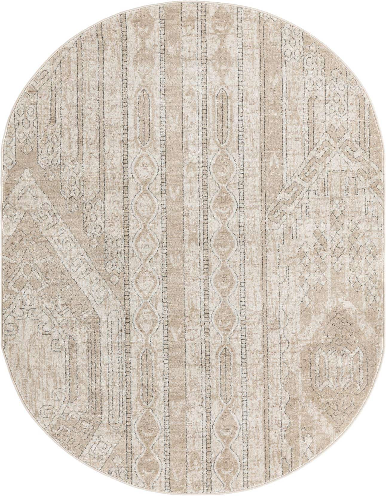 An oval 5'3" x 8'0" Southwestern rug with a vintage stripe pattern in ivory and cream tones, featuring a textured, thin pile.