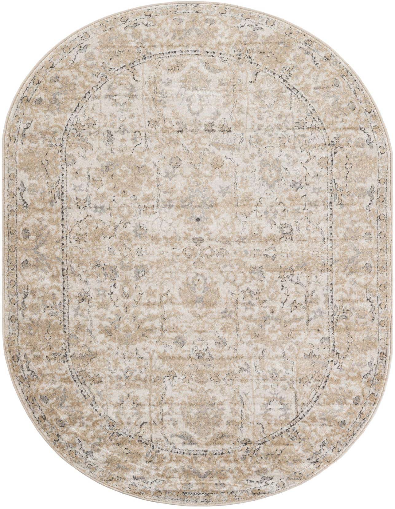 An oval 5'3" x 8'0" ivory and cream rug with a distressed traditional floral pattern and a dark border.