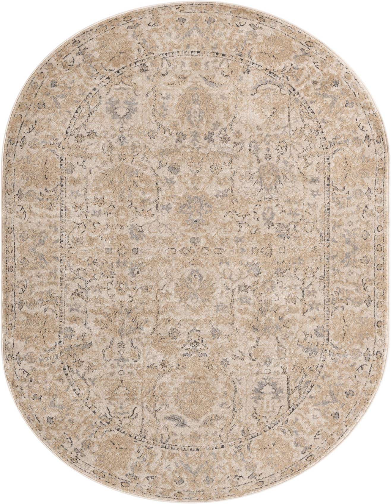 An oval 6'1" x 9'0" Oregon Collection rug featuring a cream and ivory traditional floral pattern with a textured pile.