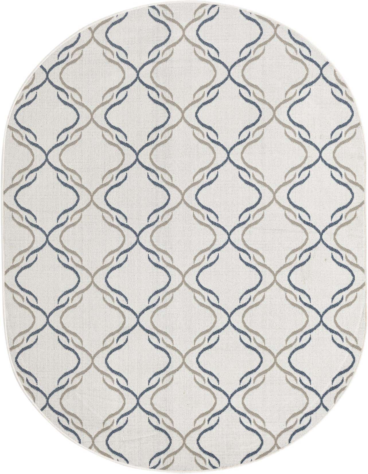 An oval ivory and cream rug with a modern transitional lattice pattern in blue and beige, suitable for indoor or outdoor spaces like a patio.