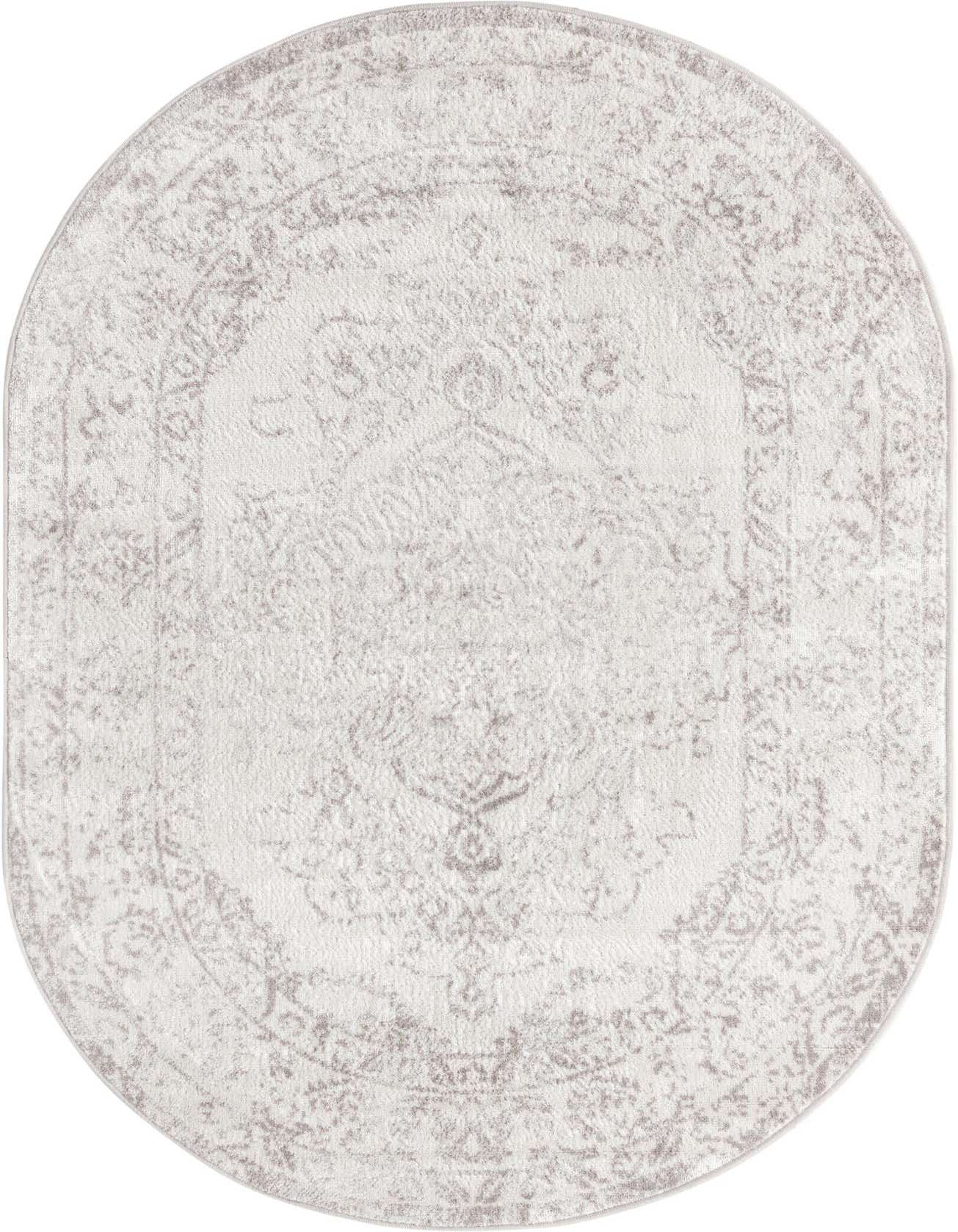 An oval 4' x 6' ivory area rug with a subtle traditional medallion and border pattern, suitable for various indoor spaces.