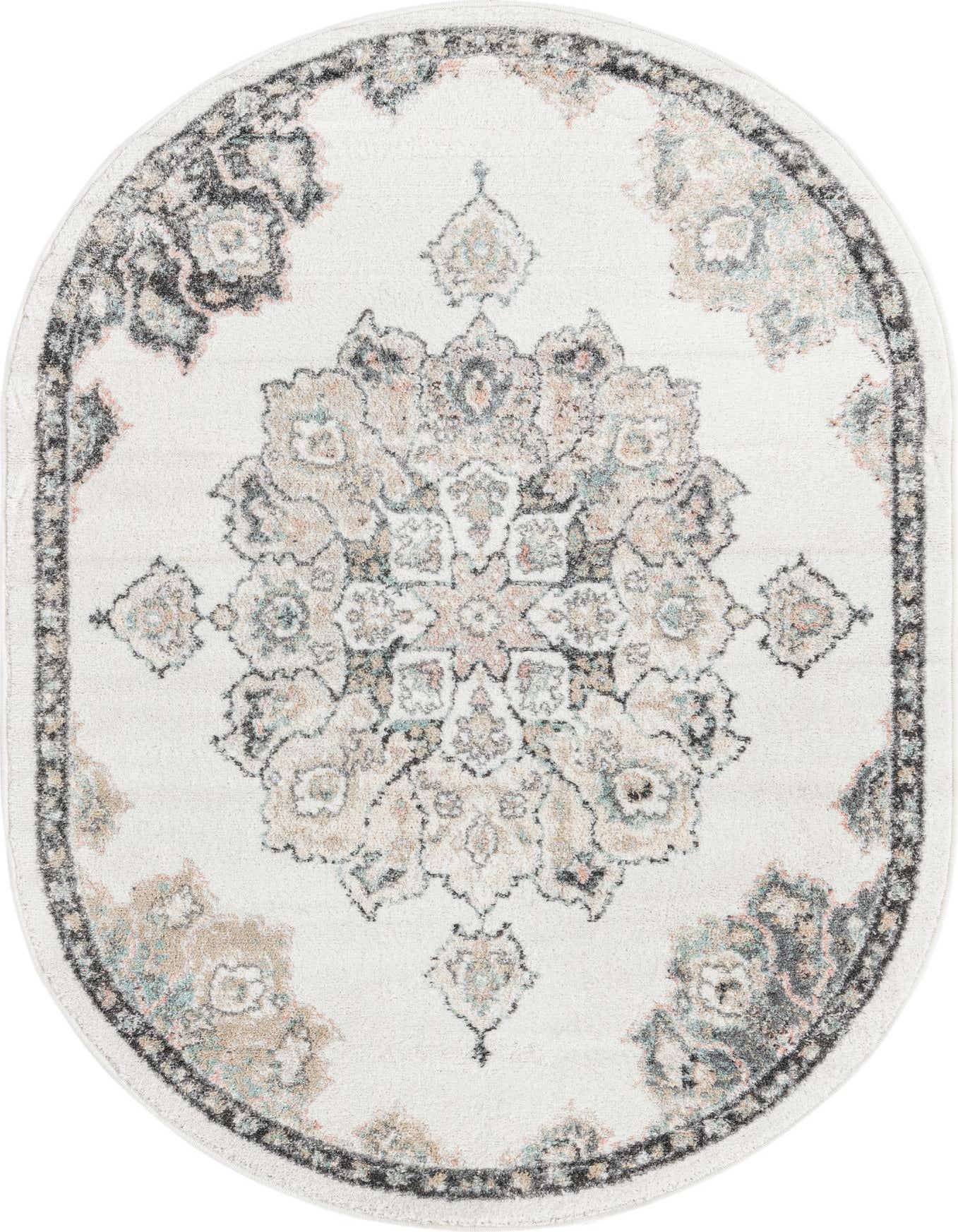 An oval ivory and cream rug with a traditional medallion pattern in muted grays, blues, and peaches.