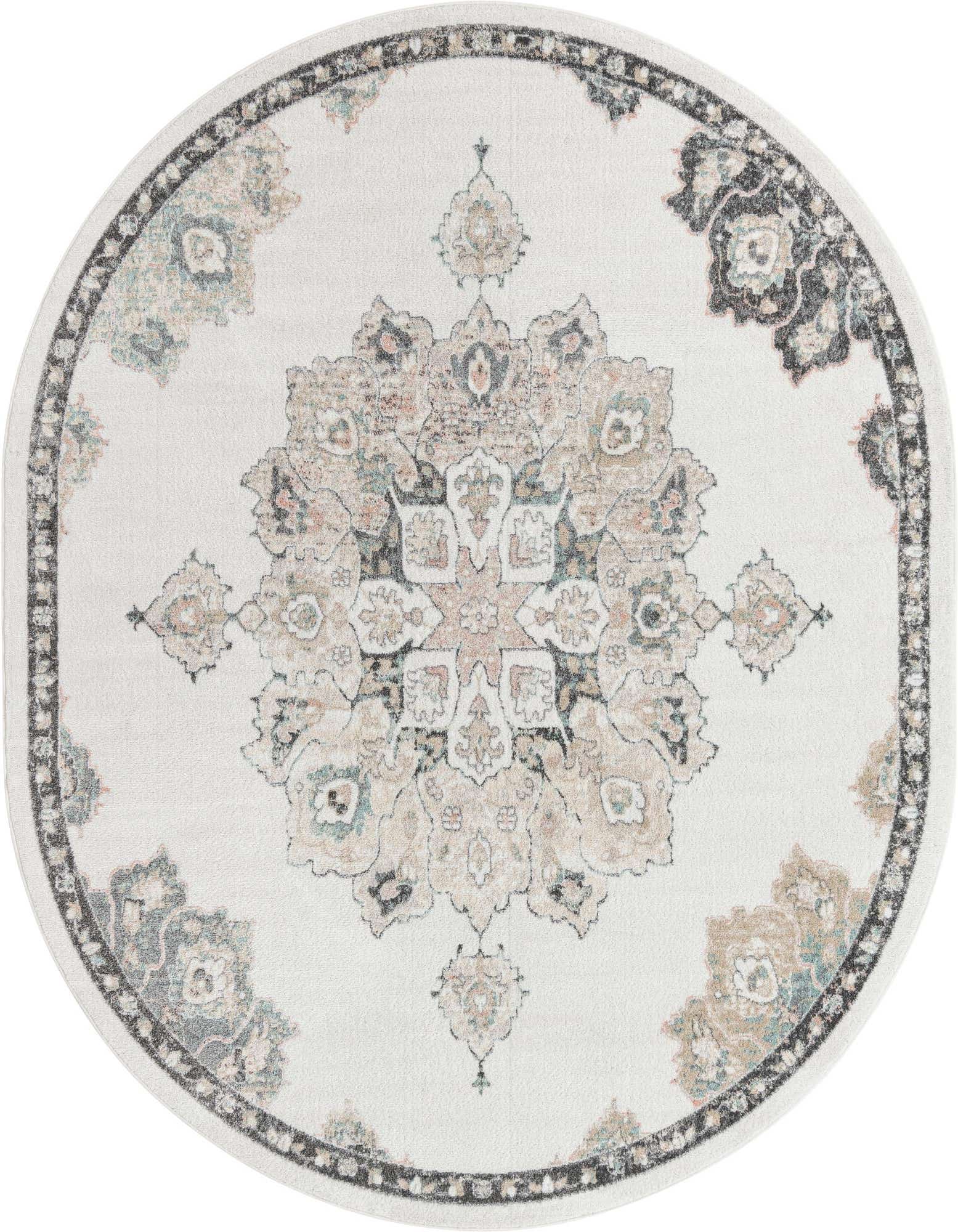 An oval ivory rug with a central medallion and floral patterns in muted blues, creams, and grays, framed by a dark border.