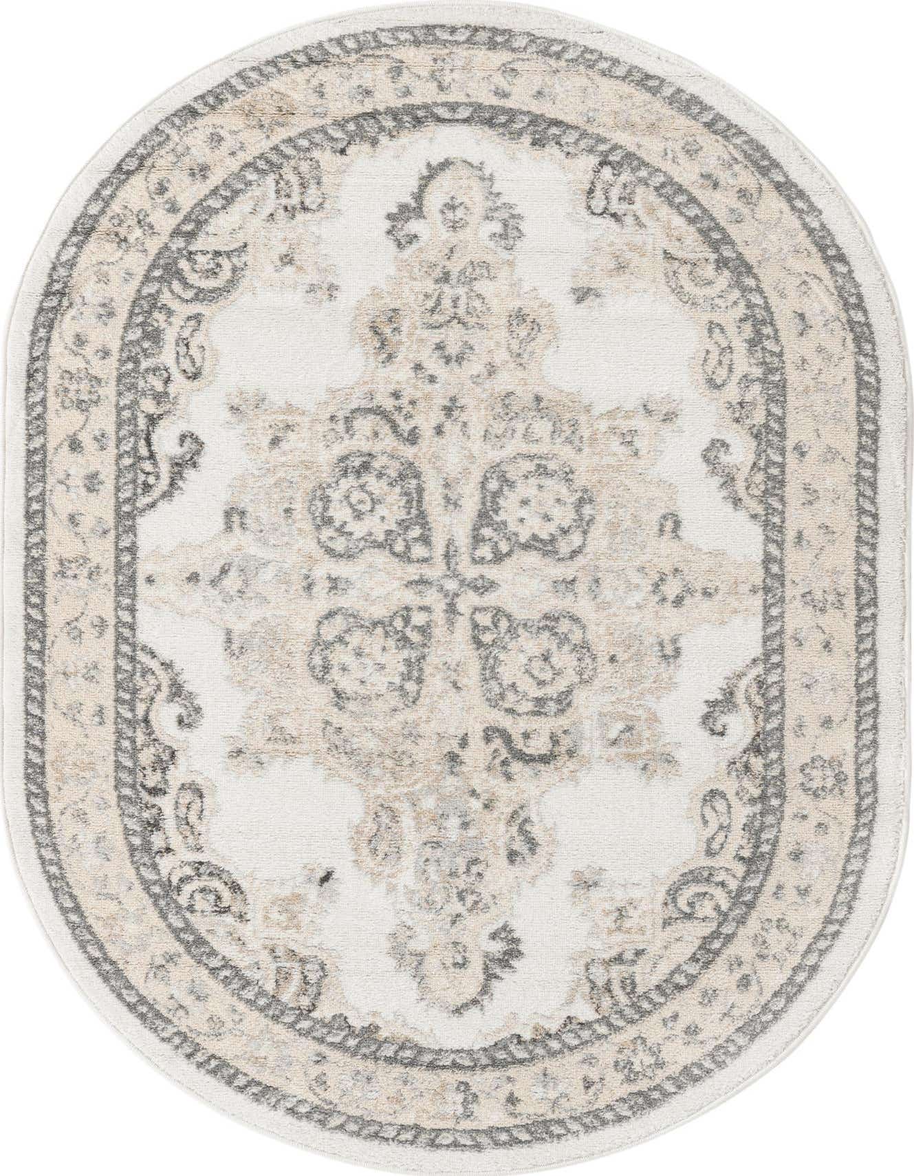 An oval 4'x6' ivory and cream rug with a traditional medallion pattern and a grey border.