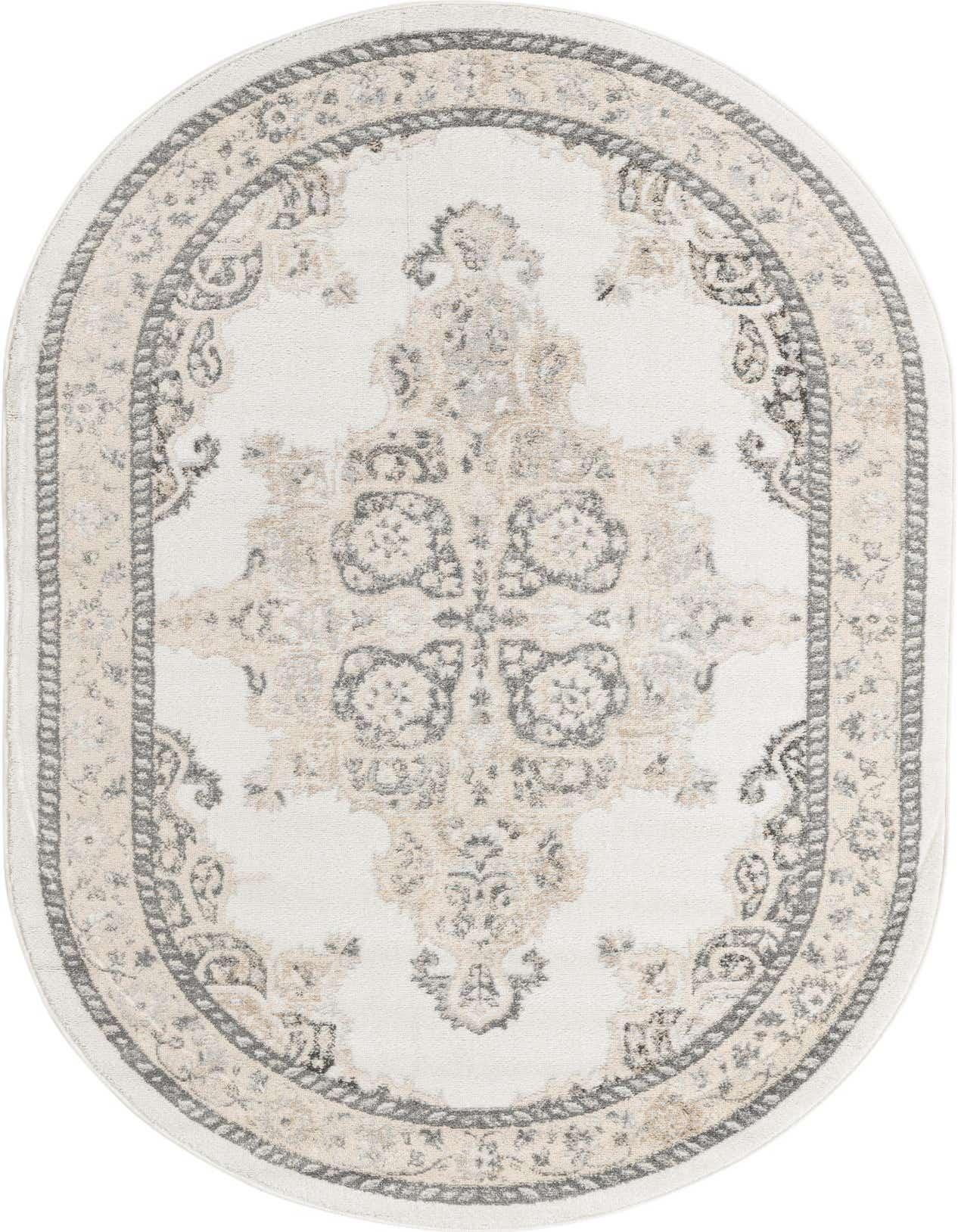An oval 5' 0 x 8' 0 ivory and cream rug with a traditional medallion pattern and a grey and beige border.