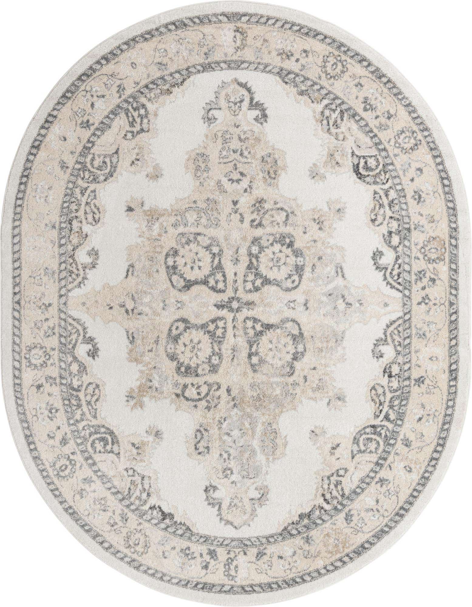 An oval ivory and cream traditional rug with a vintage medallion pattern and ornate border.