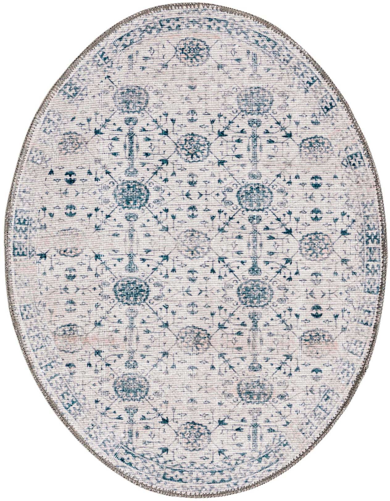 An oval ivory and teal transitional rug with a vintage floral and oriental pattern, featuring a flatweave texture.