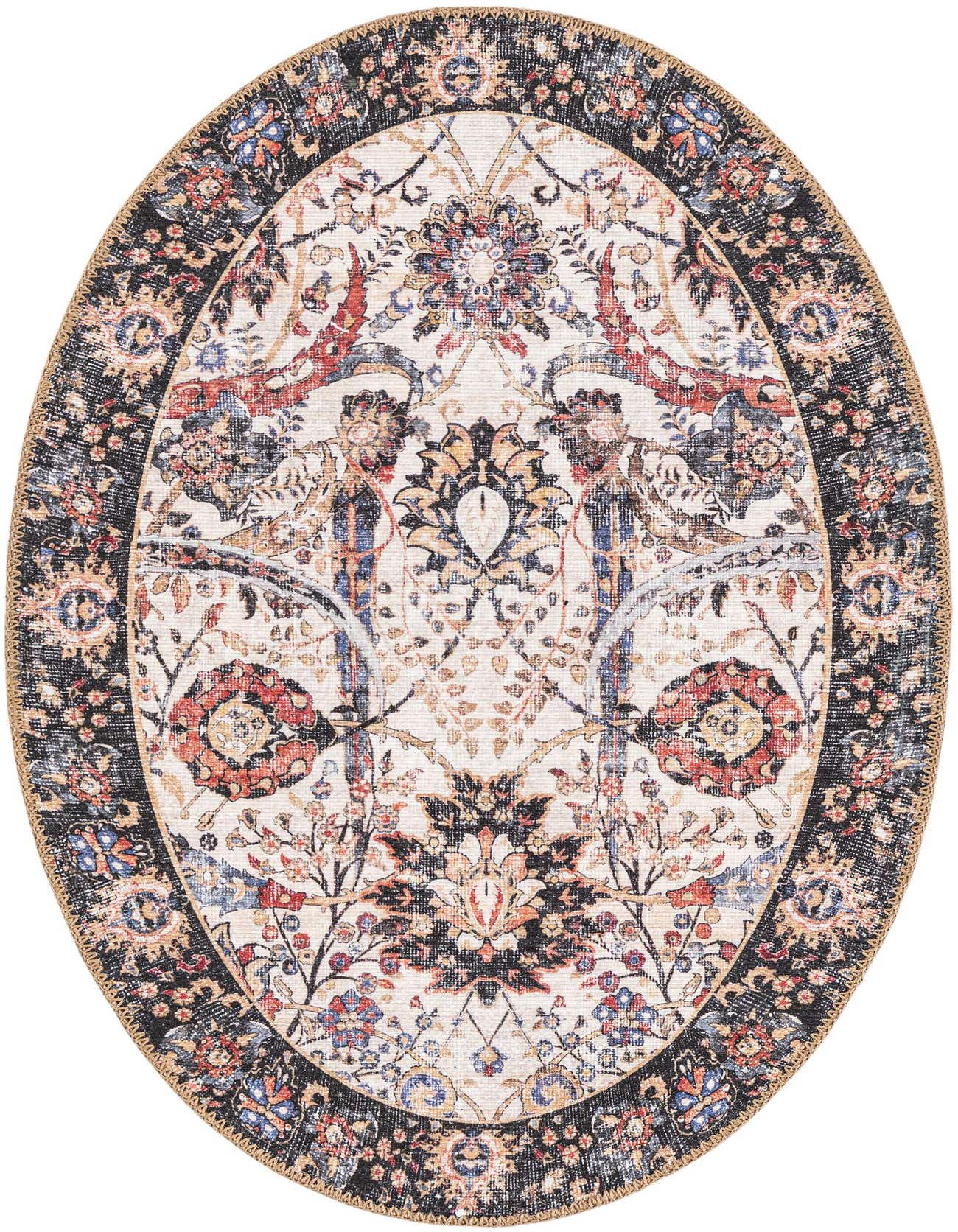 An oval ivory and cream traditional rug with intricate floral and medallion patterns in black, red, and blue, featuring a distressed look.