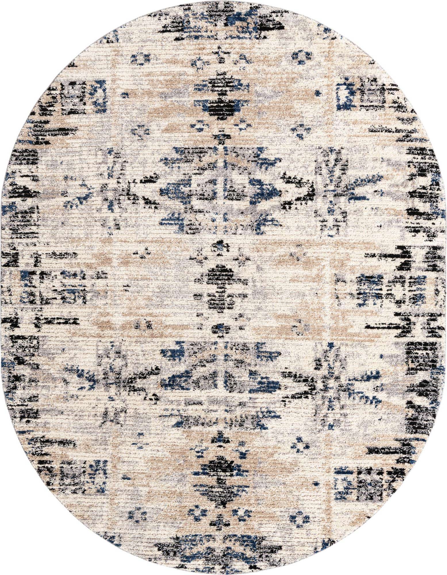 An 8' 0 x 10' 0 oval ivory Southwestern rug with abstract patterns in blue, black, and beige.
