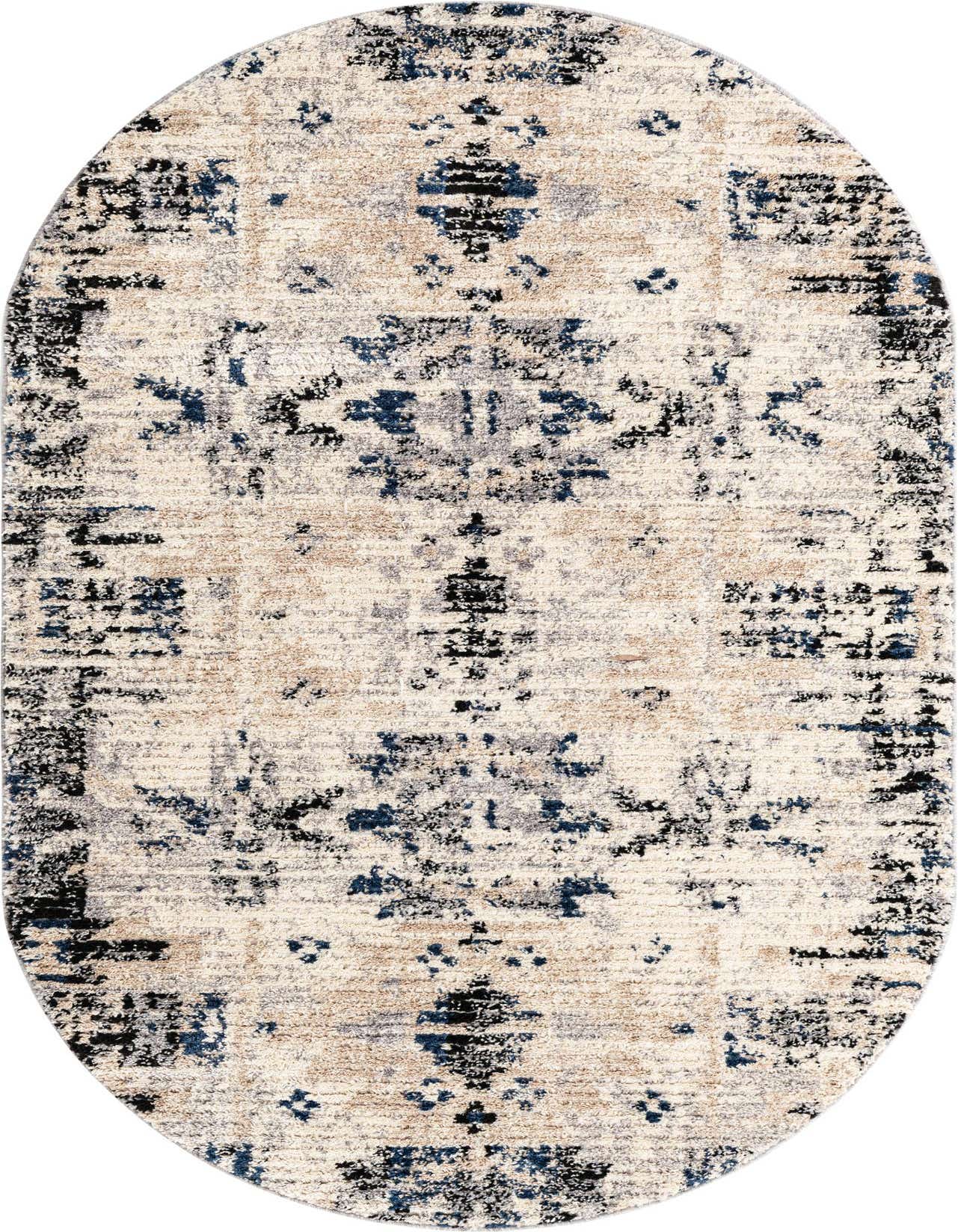 An oval 5' 0 x 8' 0 ivory, cream, and blue Southwestern abstract shag rug with a textured pile.