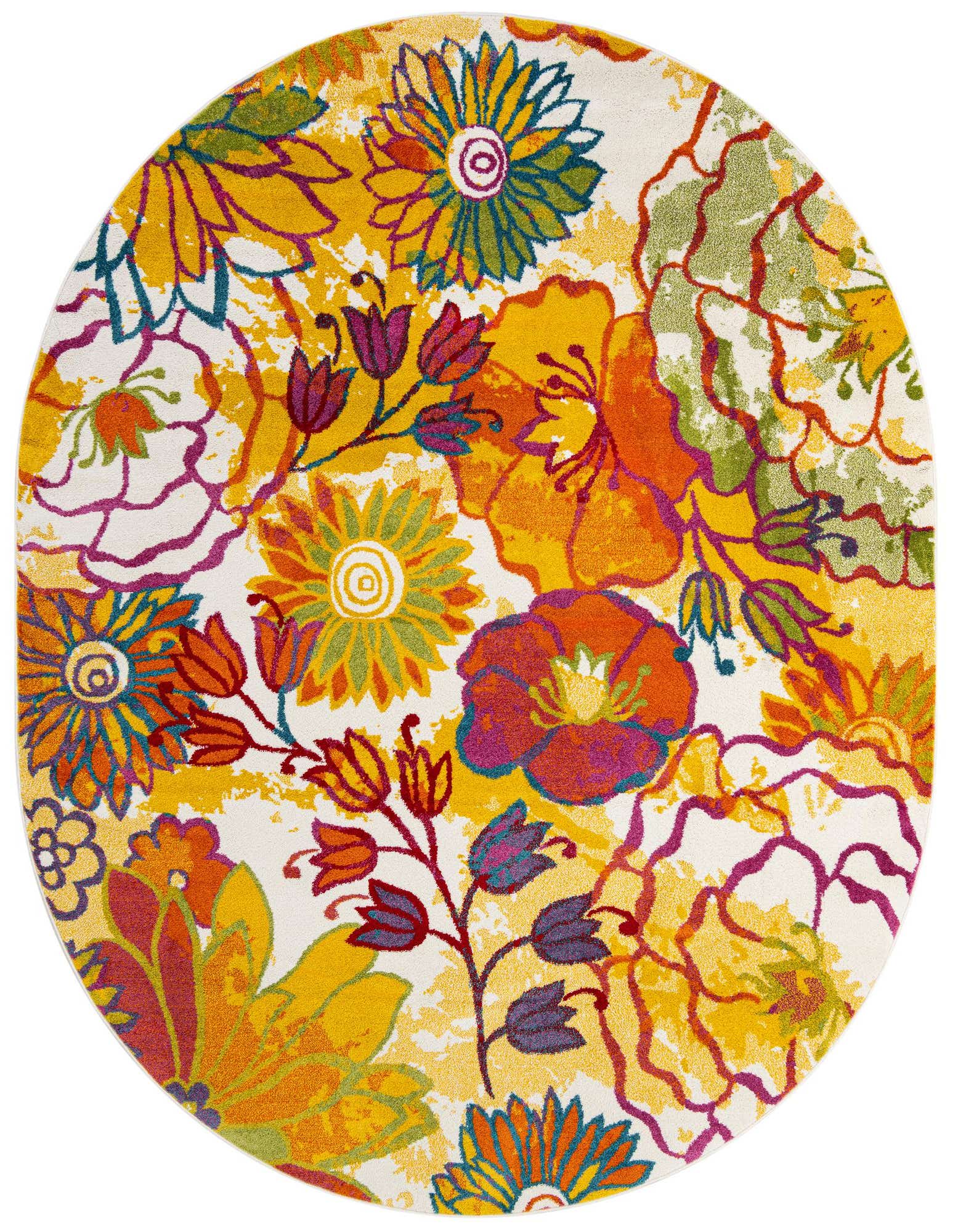 An oval rug featuring a vibrant modern floral pattern with large blooms in yellow, orange, red, green, and purple on an ivory background.