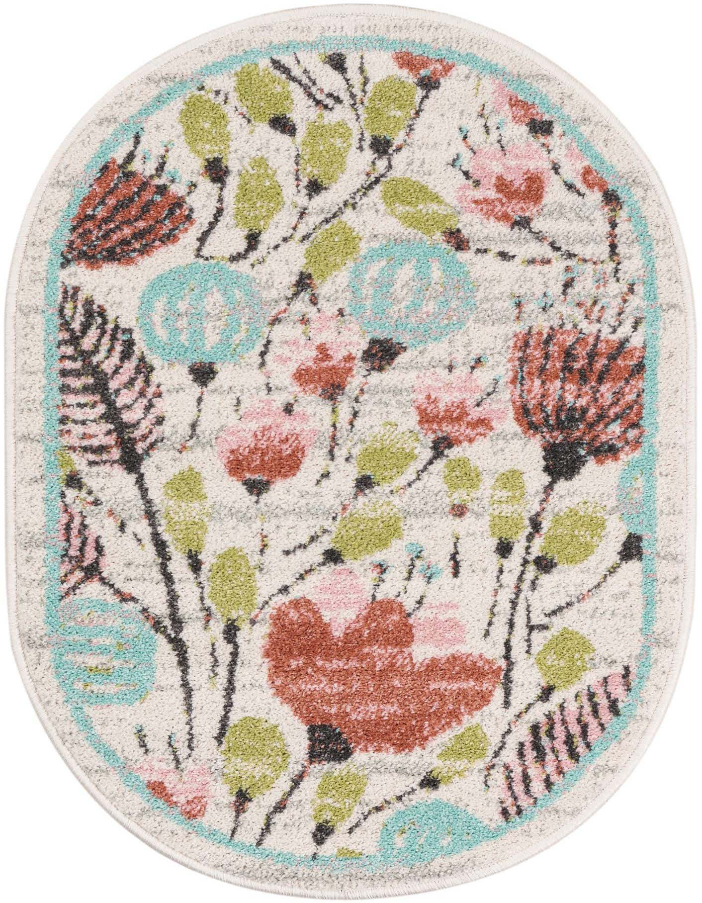 An oval ivory rug with a whimsical floral pattern in pink, rust, green, and teal, framed by a light blue border.