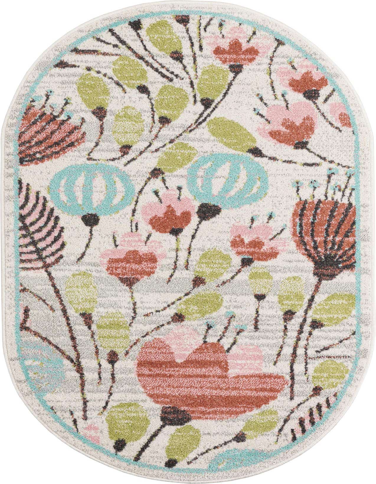 An oval ivory rug with a whimsical floral pattern in pink, green, and blue, perfect for a child's room.