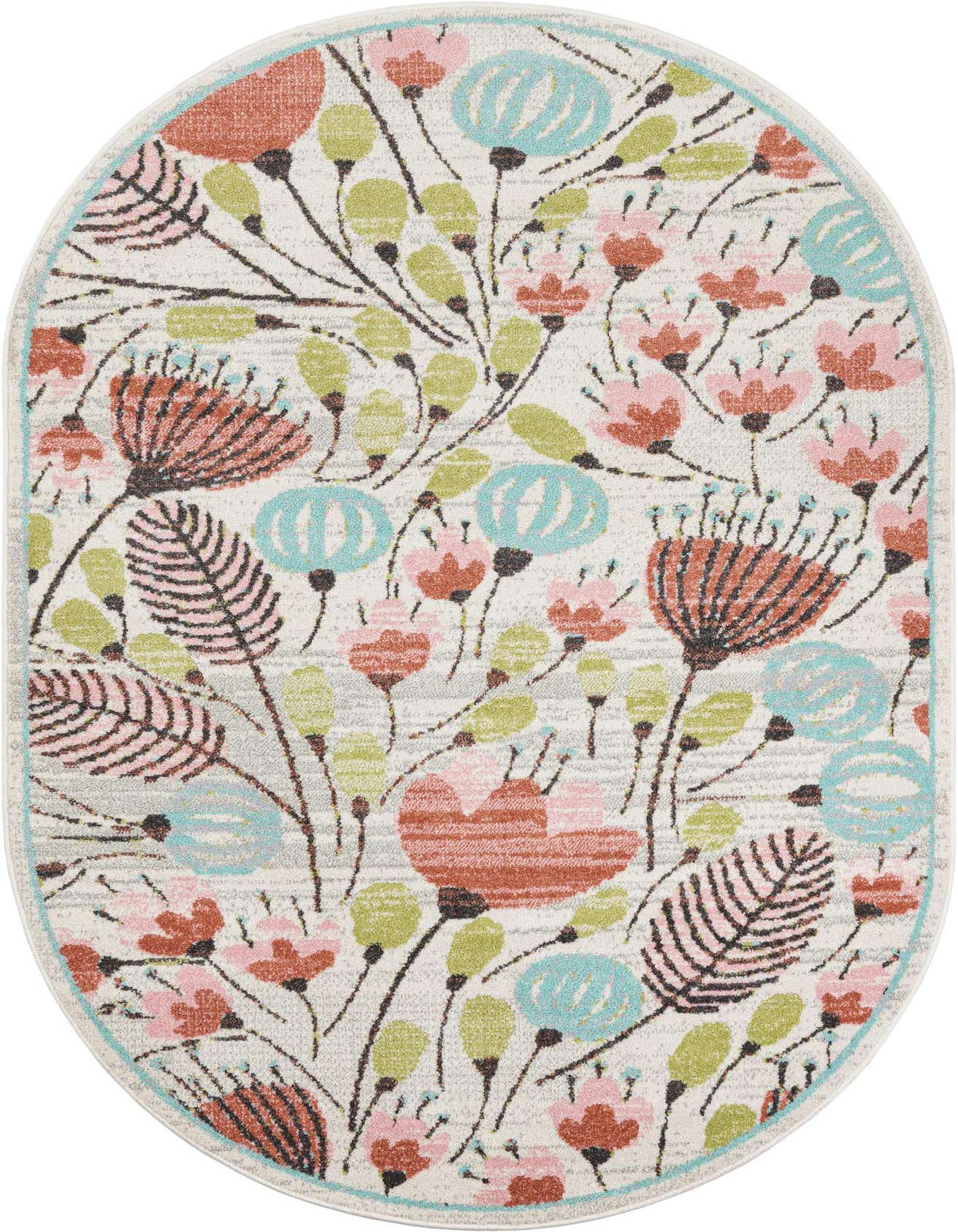 An oval ivory rug with a whimsical floral pattern in shades of pink, coral, light blue, and green, featuring a thin blue border.