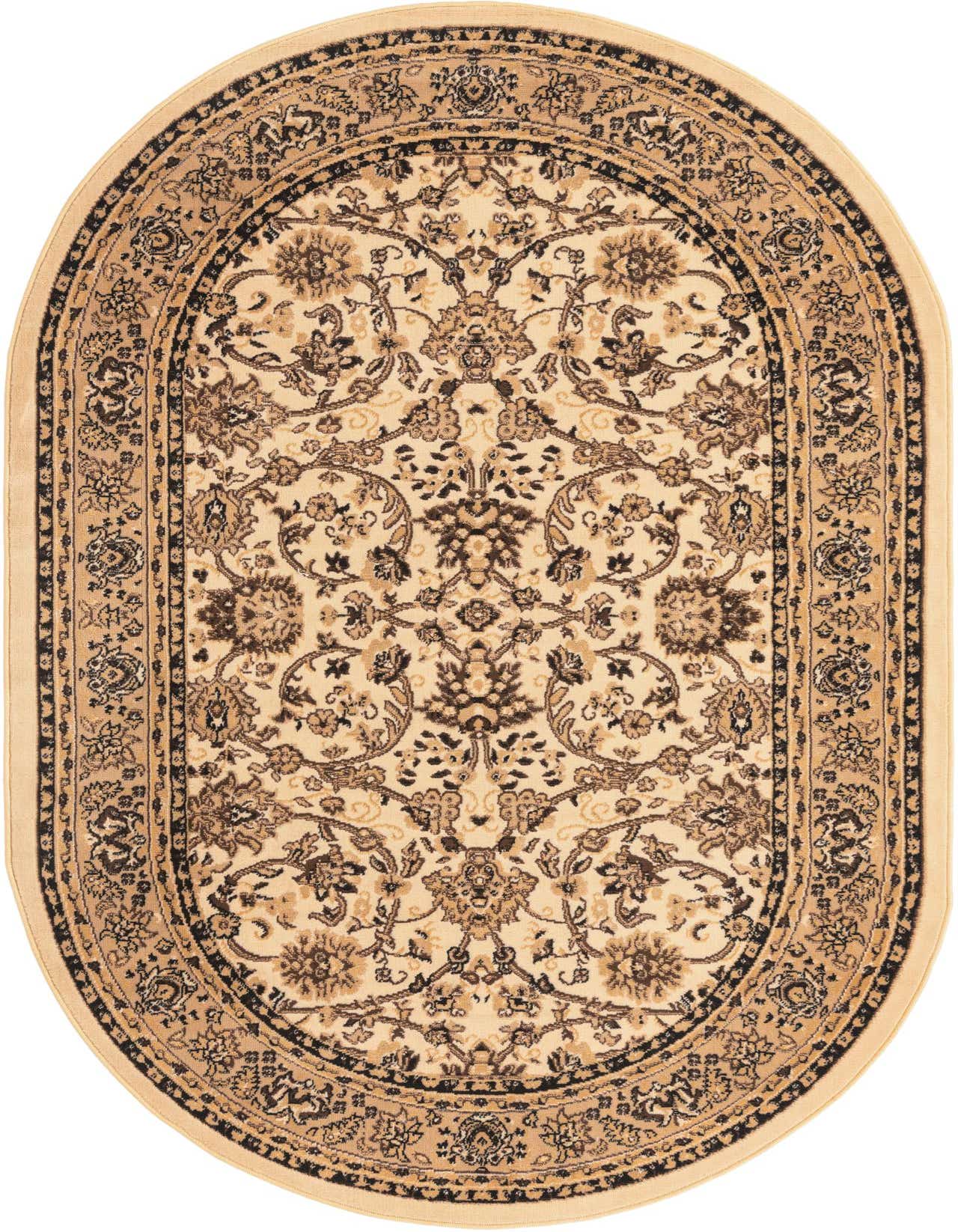 An oval 5' 3 x 8' 0 ivory and cream traditional rug with a detailed floral and oriental pattern.