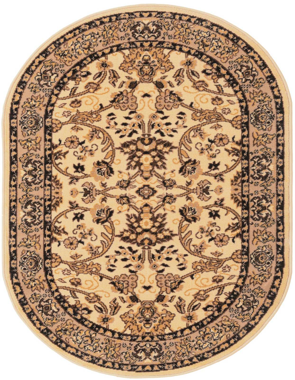 An oval 3' 0 x 5' 3 ivory rug with a traditional floral and Oriental pattern in shades of cream, brown, and black.