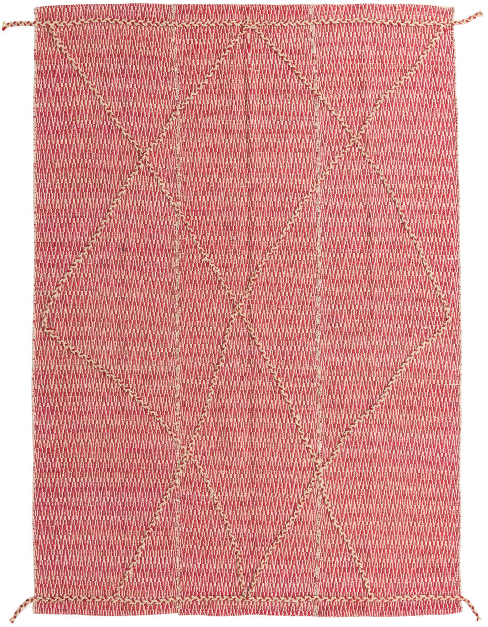 A 6x9 rectangular ivory and pink shag rug with a tribal diamond pattern, ideal for a living room.