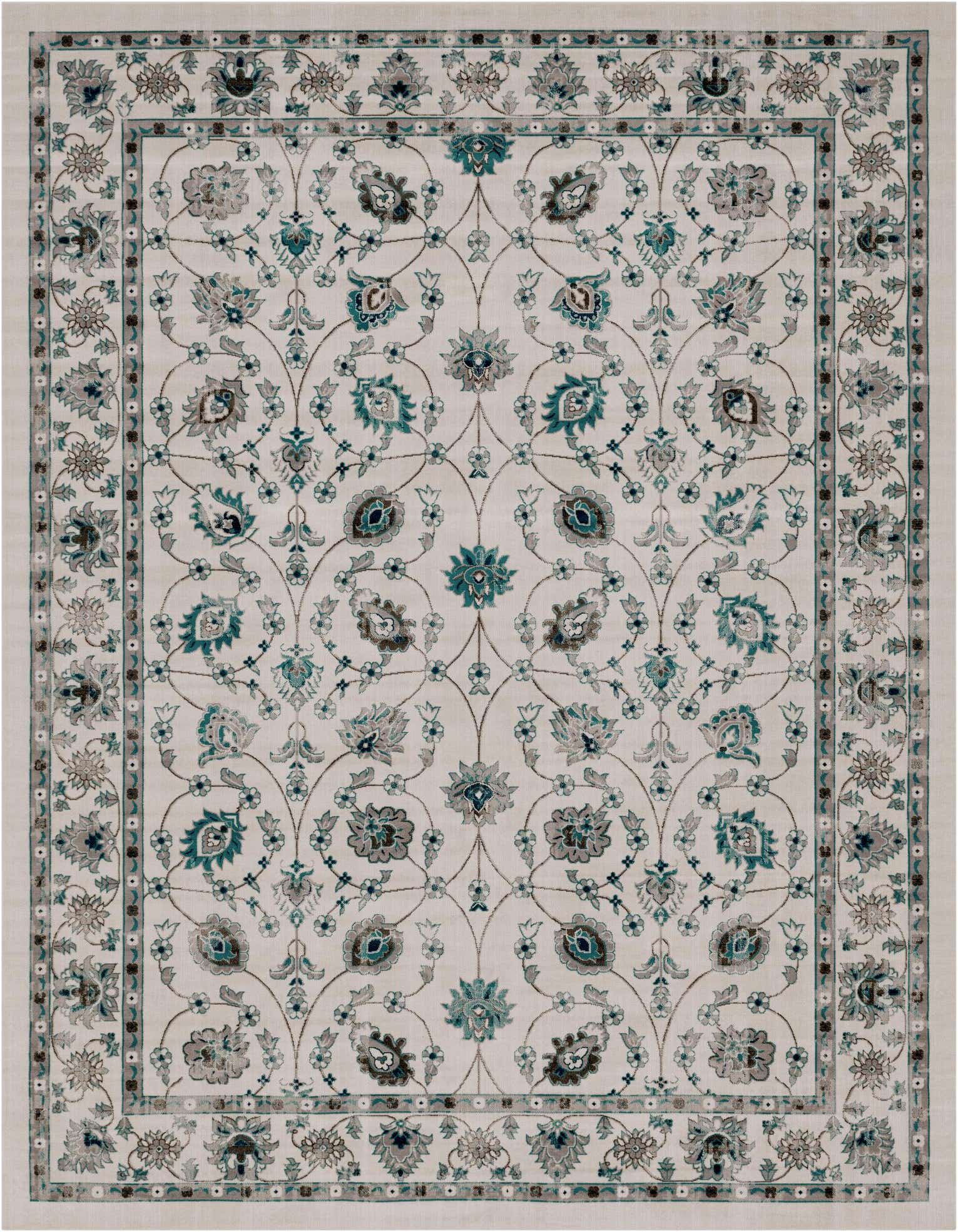 A 10x13 rectangular Aarhus rug with an ivory field and a traditional botanical pattern in teal, grey, and brown.