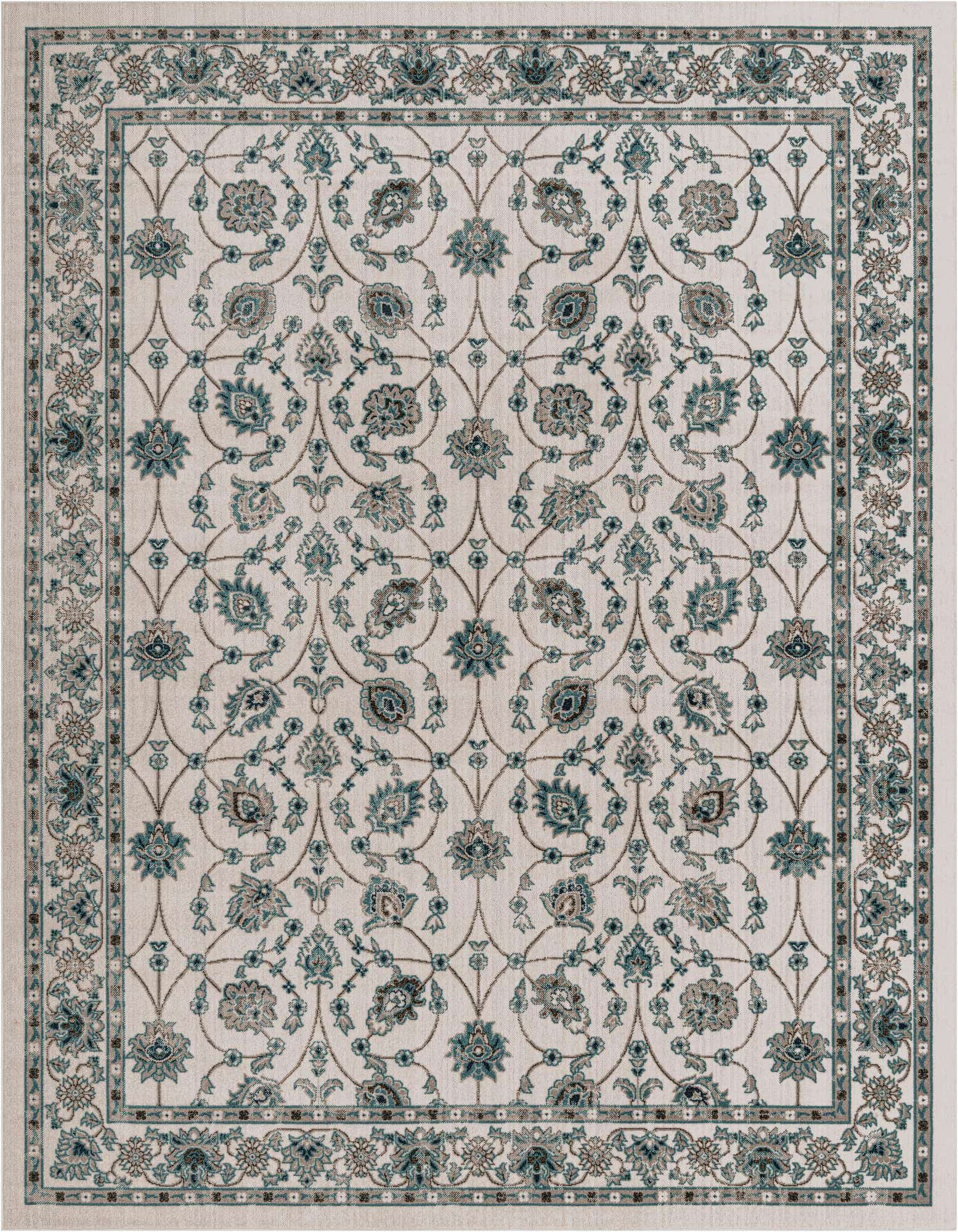 An 8x10 rectangular ivory area rug with a traditional botanical pattern in teal and brown, featuring a textured pile.