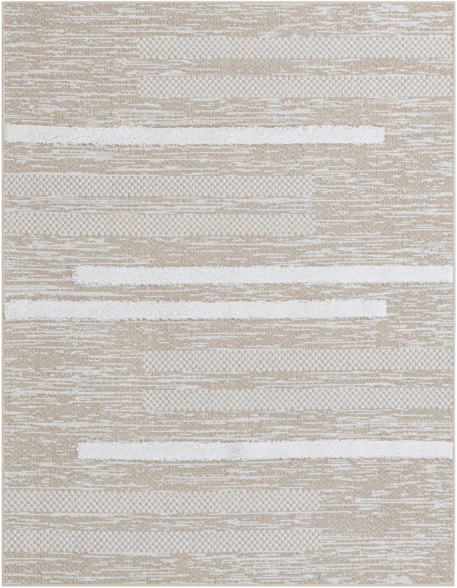 A 4x6 rectangular Abbey Collection rug from Rugs.com, featuring a modern stripe pattern in ivory and cream with textured high/low pile.