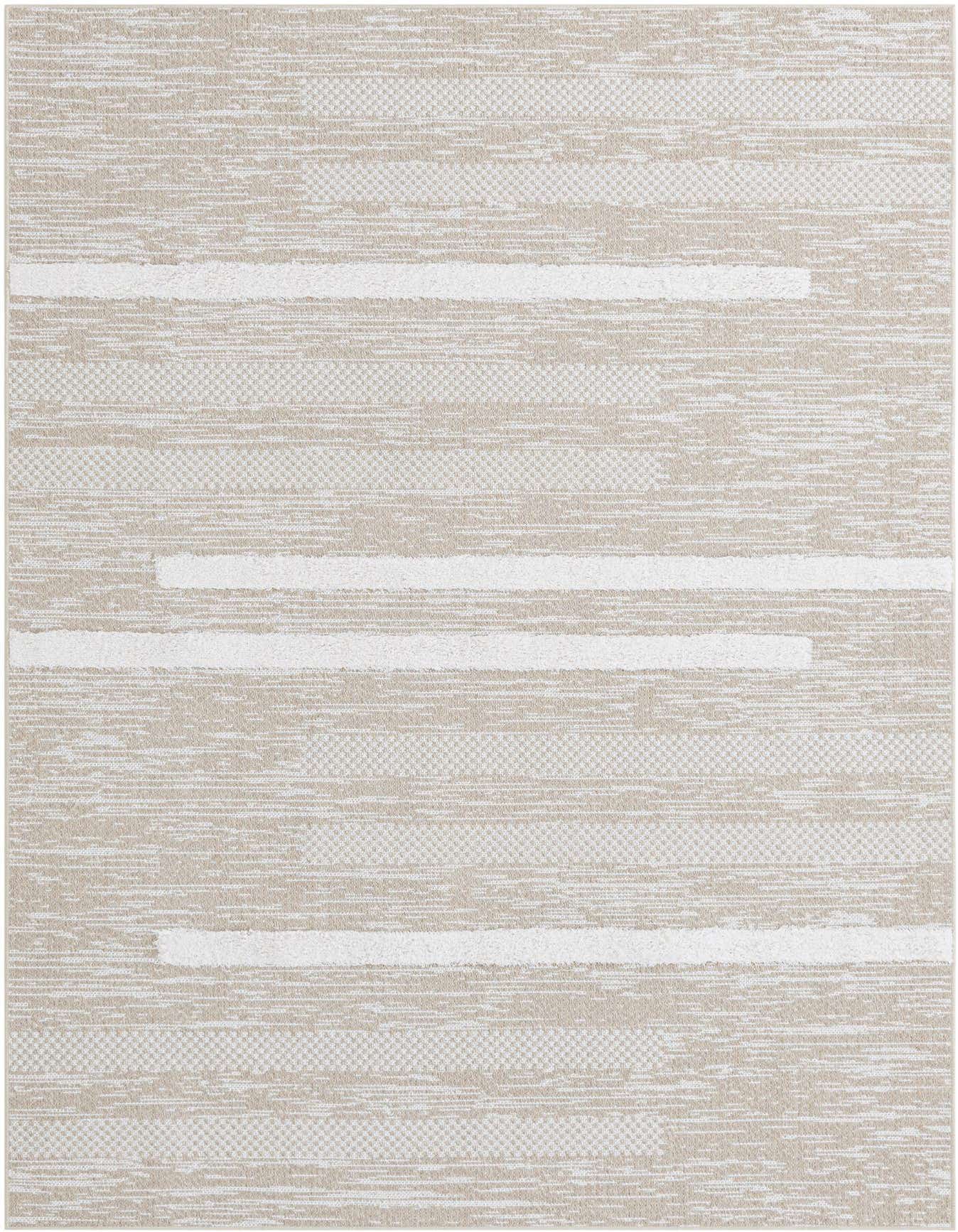A 5x8 rectangular Abbey collection rug in ivory and cream with a modern textured stripe pattern, featuring both high and low pile.