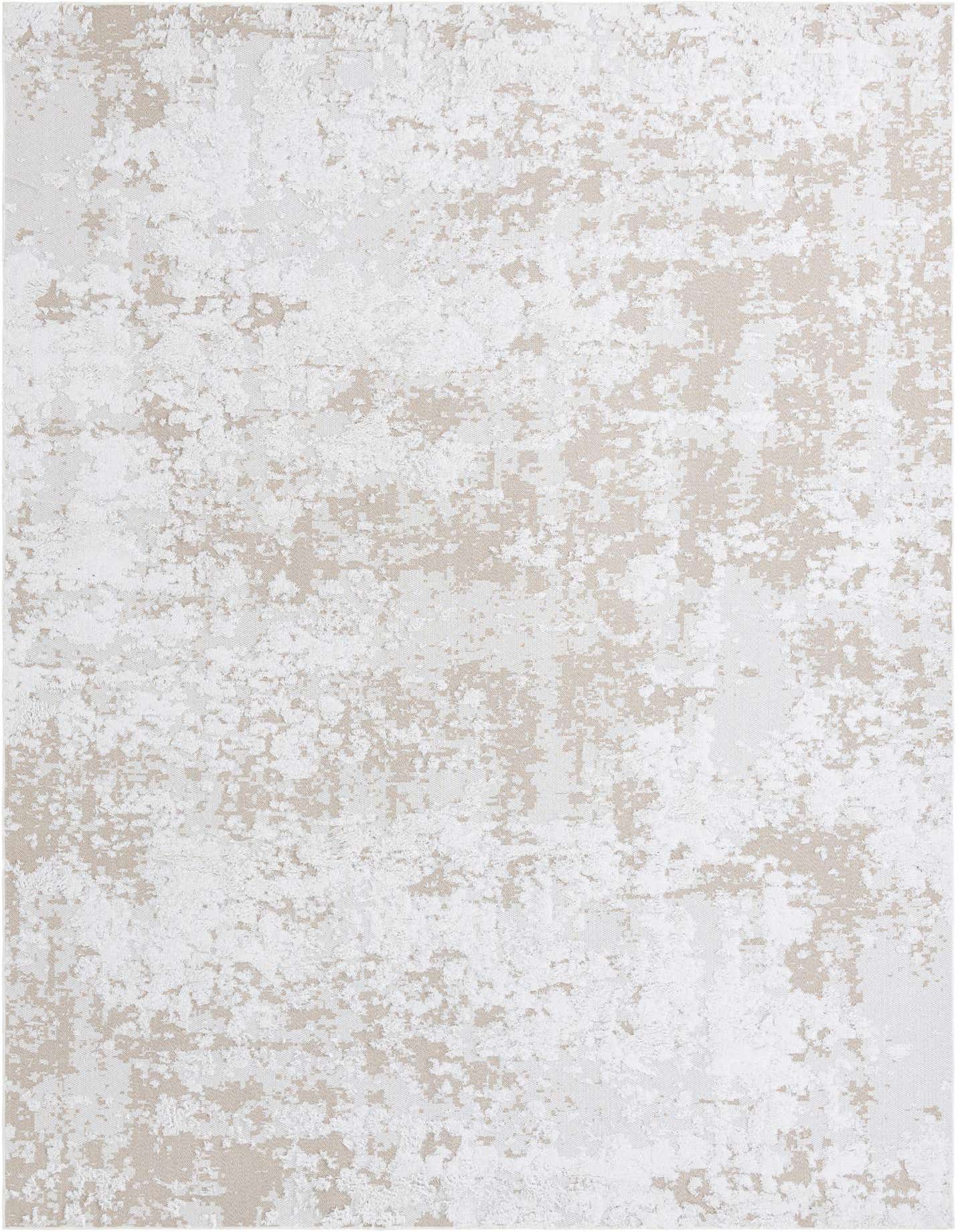 A 10x14 rectangular ivory and cream area rug with a textured, abstract pattern, suitable for a living room.