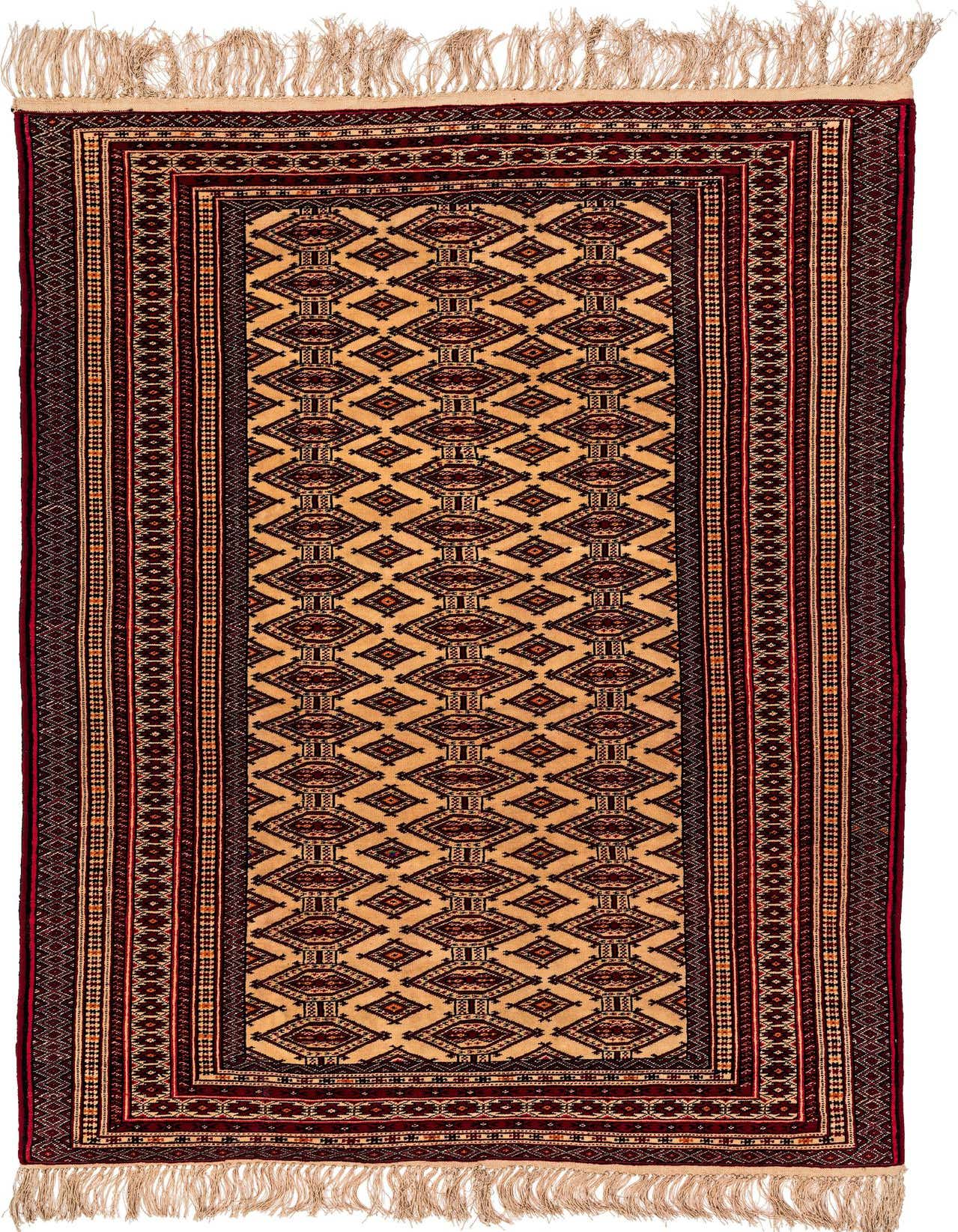 A 4x6 rectangular Afghan Akhche tribal wool rug in ivory and cream with a detailed geometric pattern and fringe.