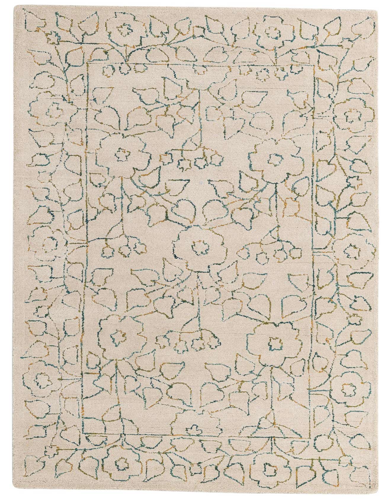 A 5x8 rectangular ivory area rug with a modern floral pattern in teal and gold outlines, perfect for a living room.