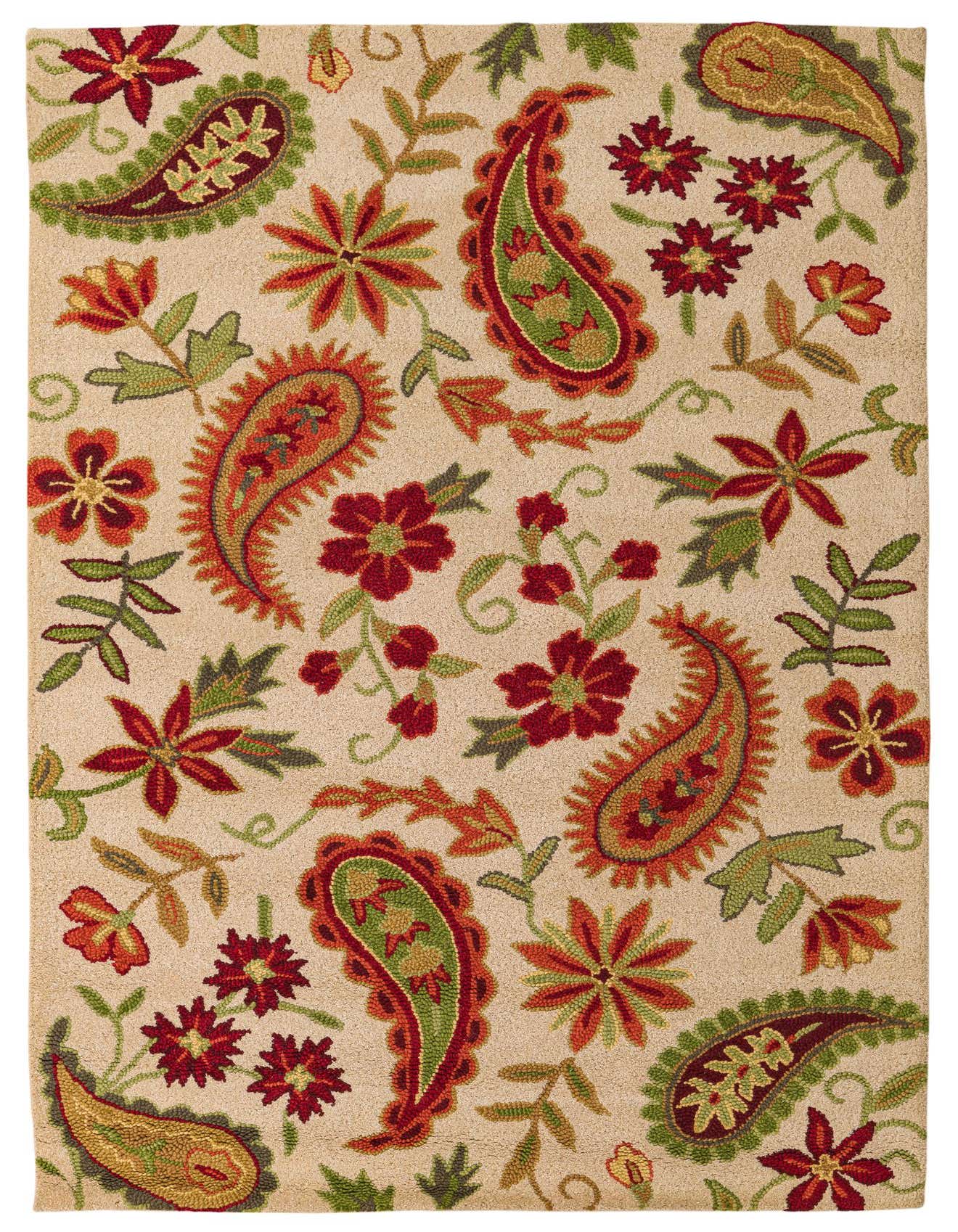 A 5x8 rectangular ivory area rug with a vibrant floral and botanical pattern featuring red flowers and green paisley motifs.