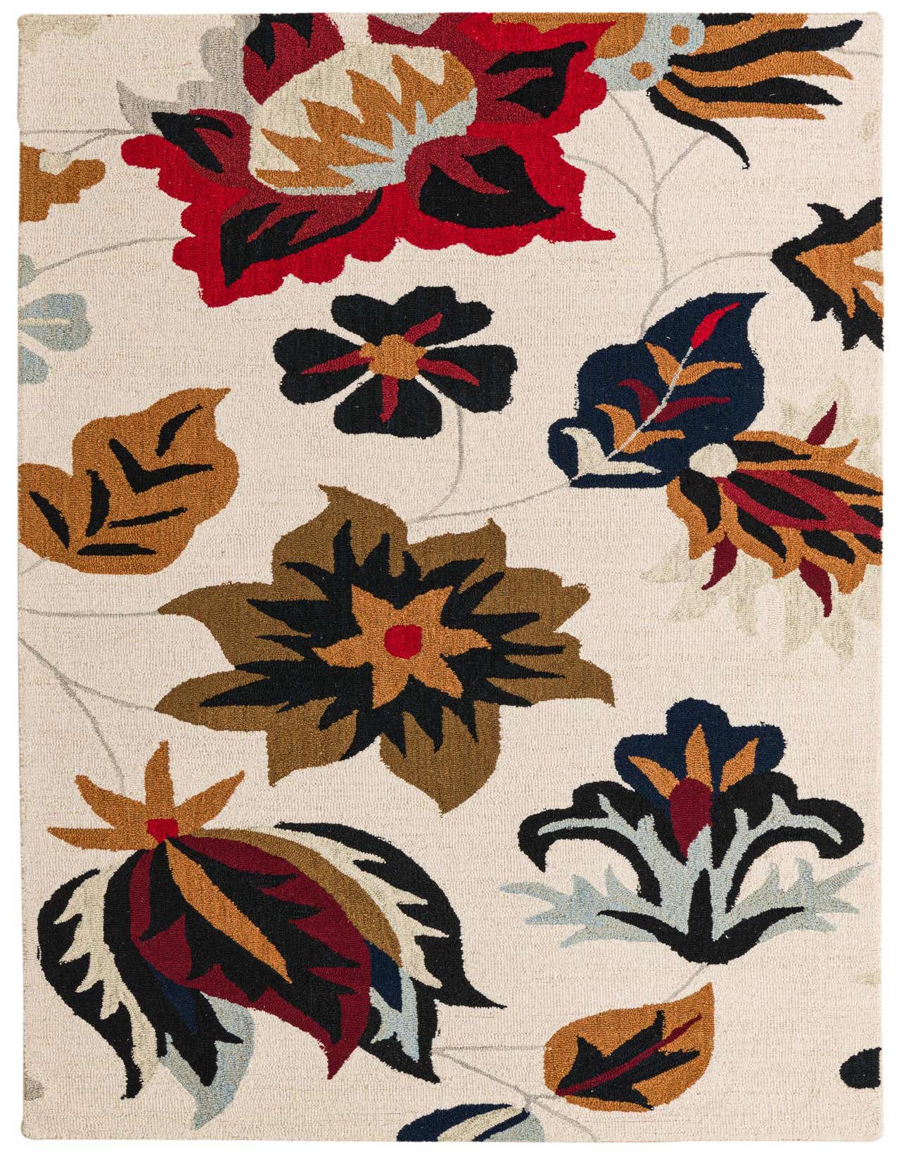 A 5x8 rectangular ivory wool rug with a vibrant floral pattern featuring large red, black, blue, and brown botanical motifs.