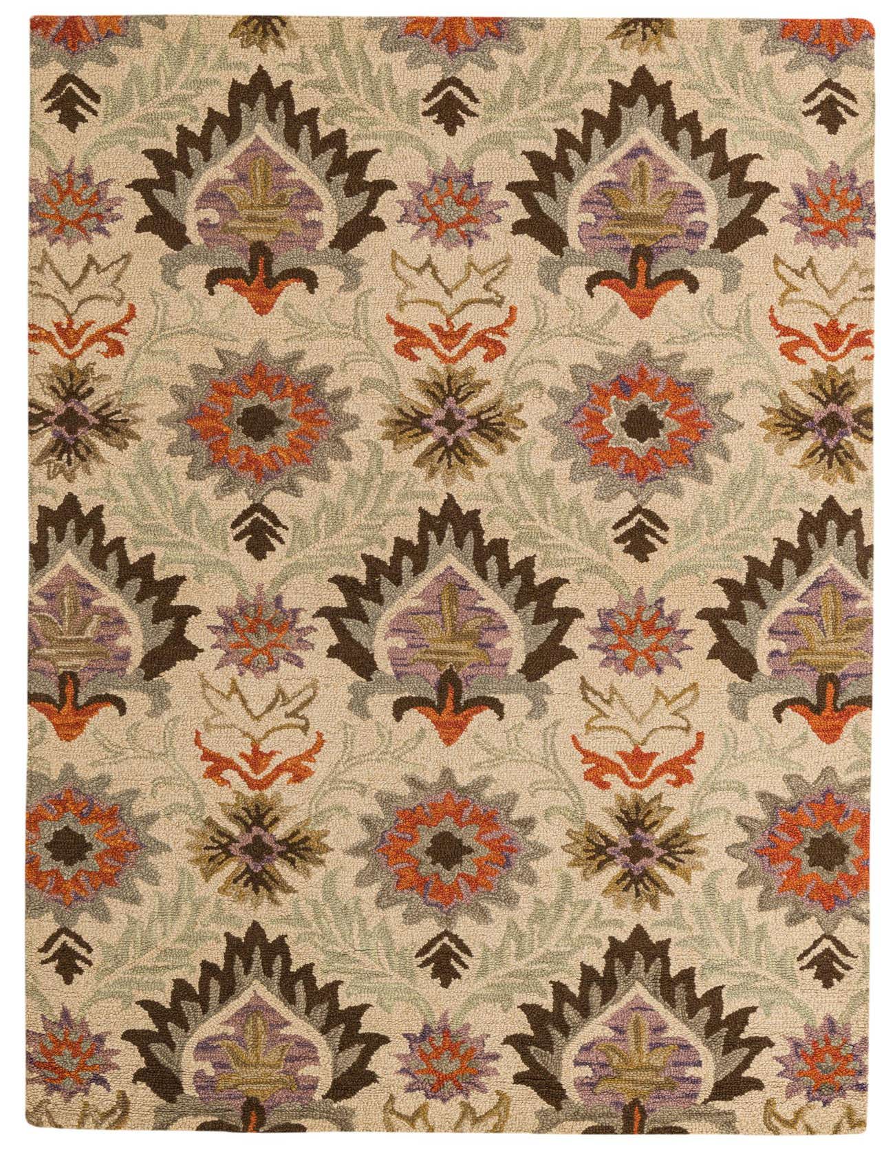 A 5x8 rectangular ivory wool rug with a traditional floral and medallion pattern in shades of brown, purple, orange, and green.