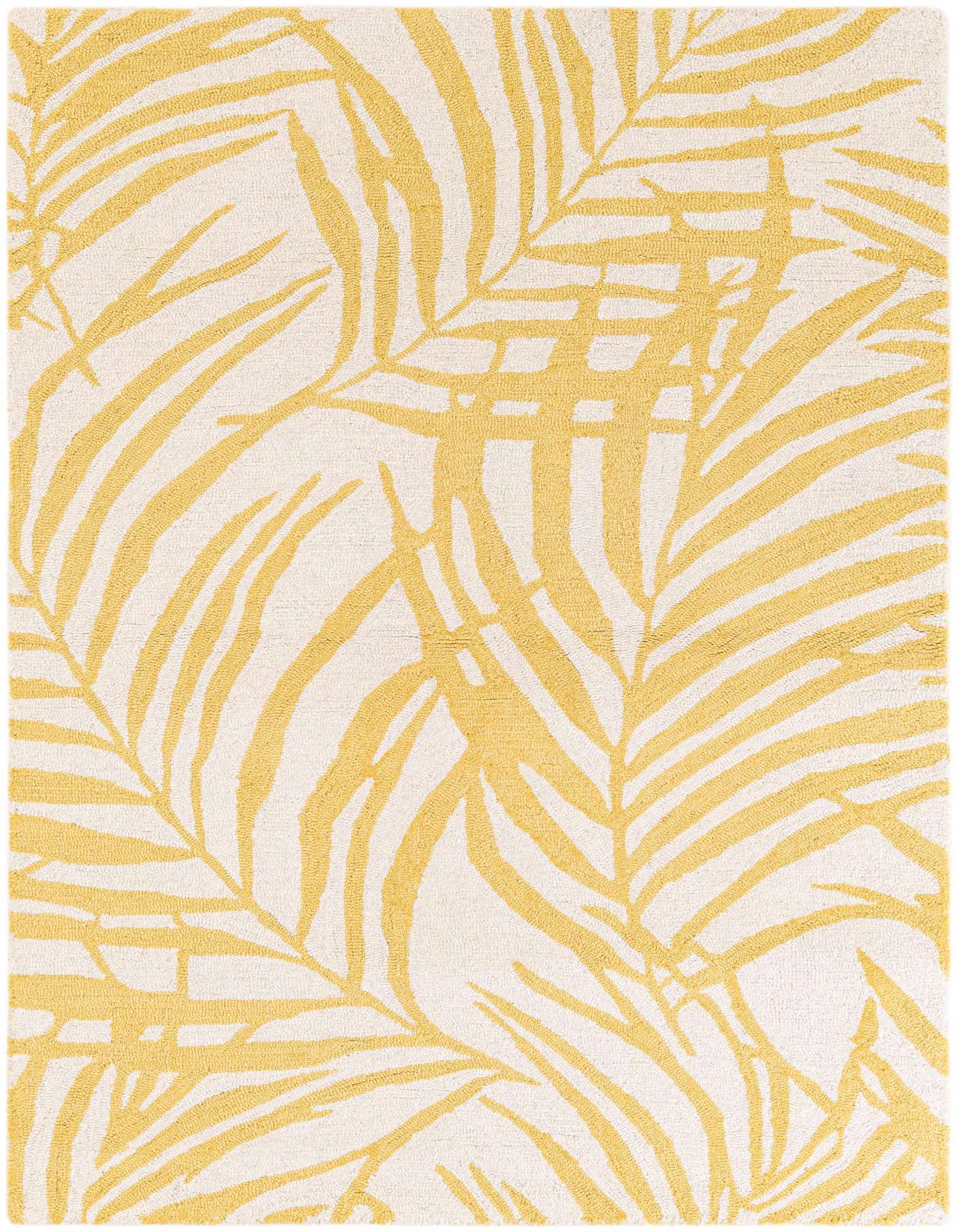 A 4x6 rectangular ivory rug with a modern floral pattern featuring bold yellow palm leaves, suitable for a living room.