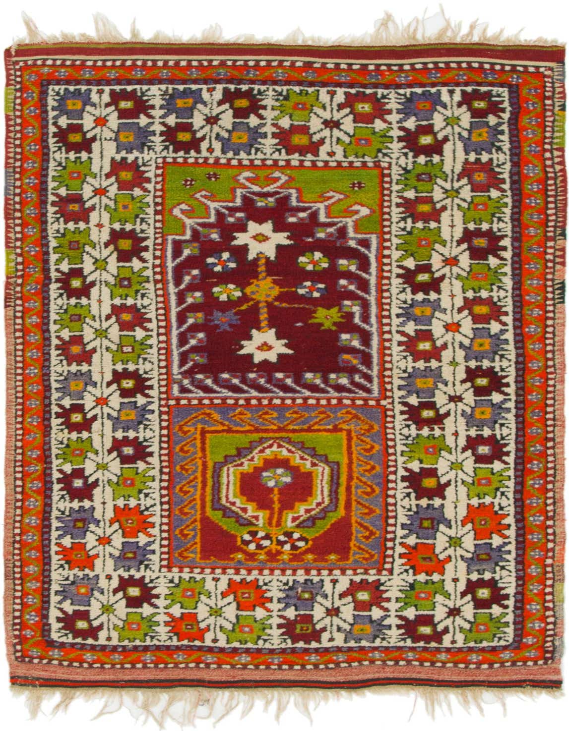 A 3x5 rectangular Anatolian wool rug featuring a traditional botanical and tribal pattern in ivories, creams, whites, and rich accent colors.