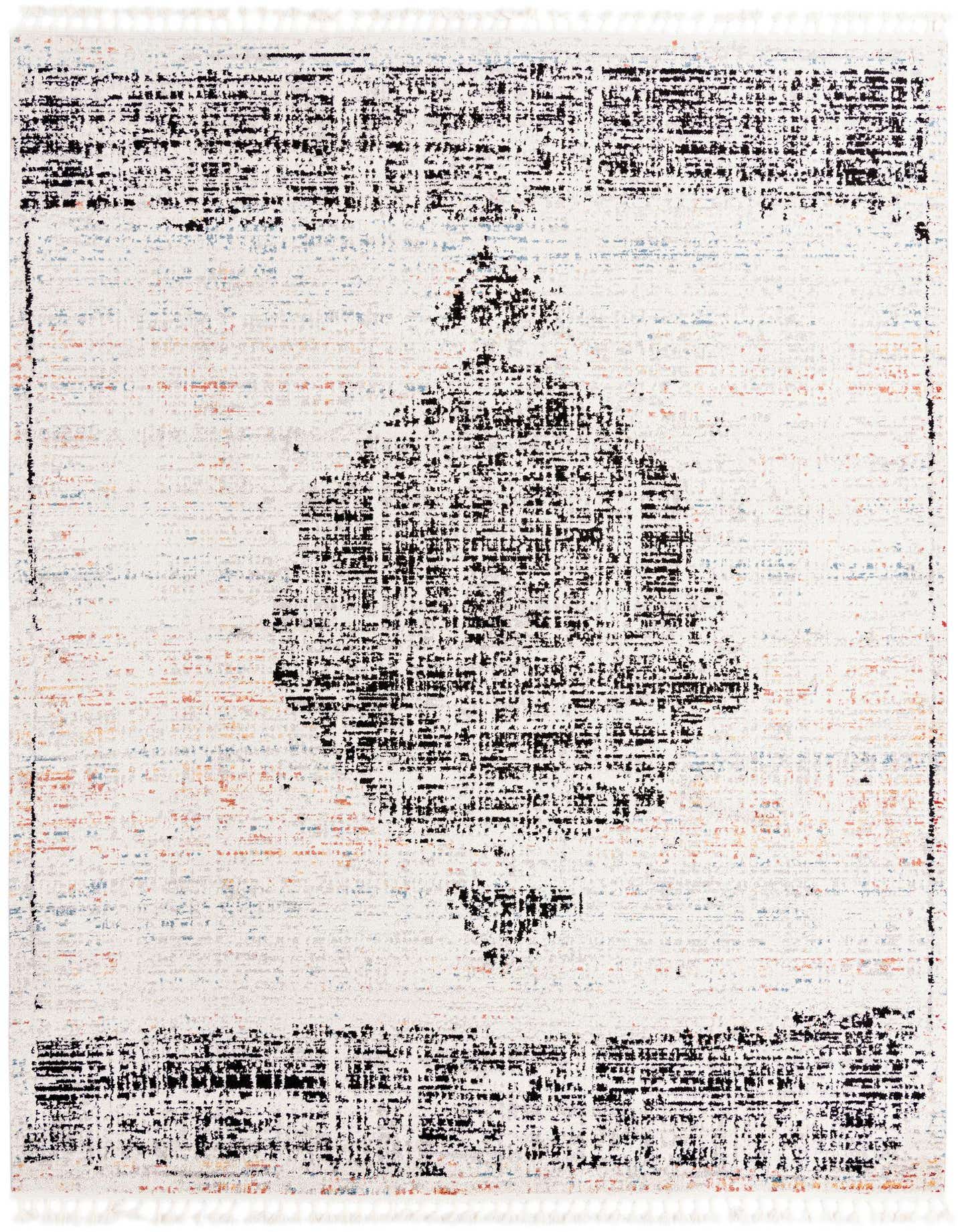 A 9x12 rectangular Aramis rug in ivory and cream with a distressed black stripe pattern, suitable for a living room.