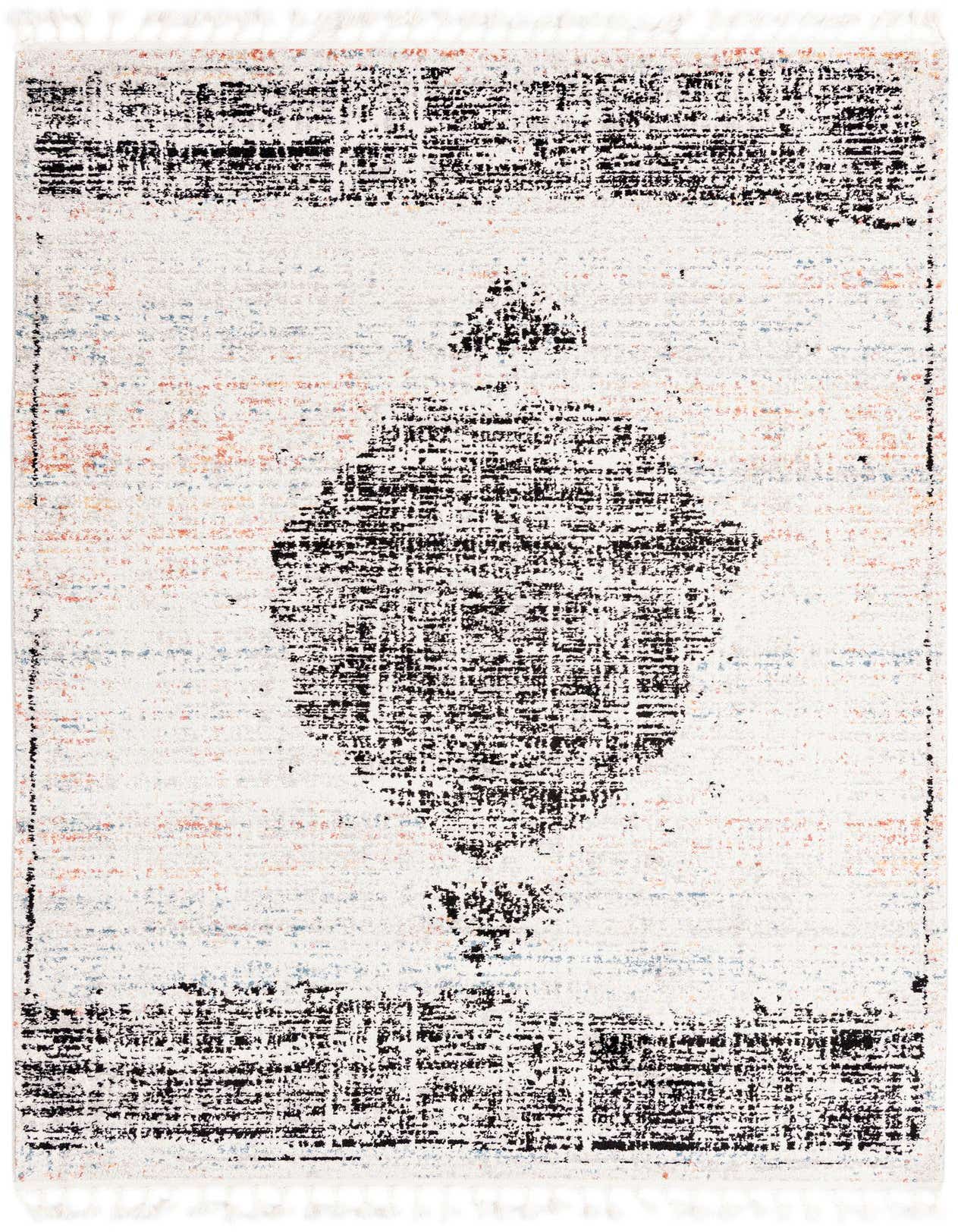 A 6x9 rectangular ivory and cream polypropylene rug with a distressed black stripe pattern and subtle peach and blue accents.